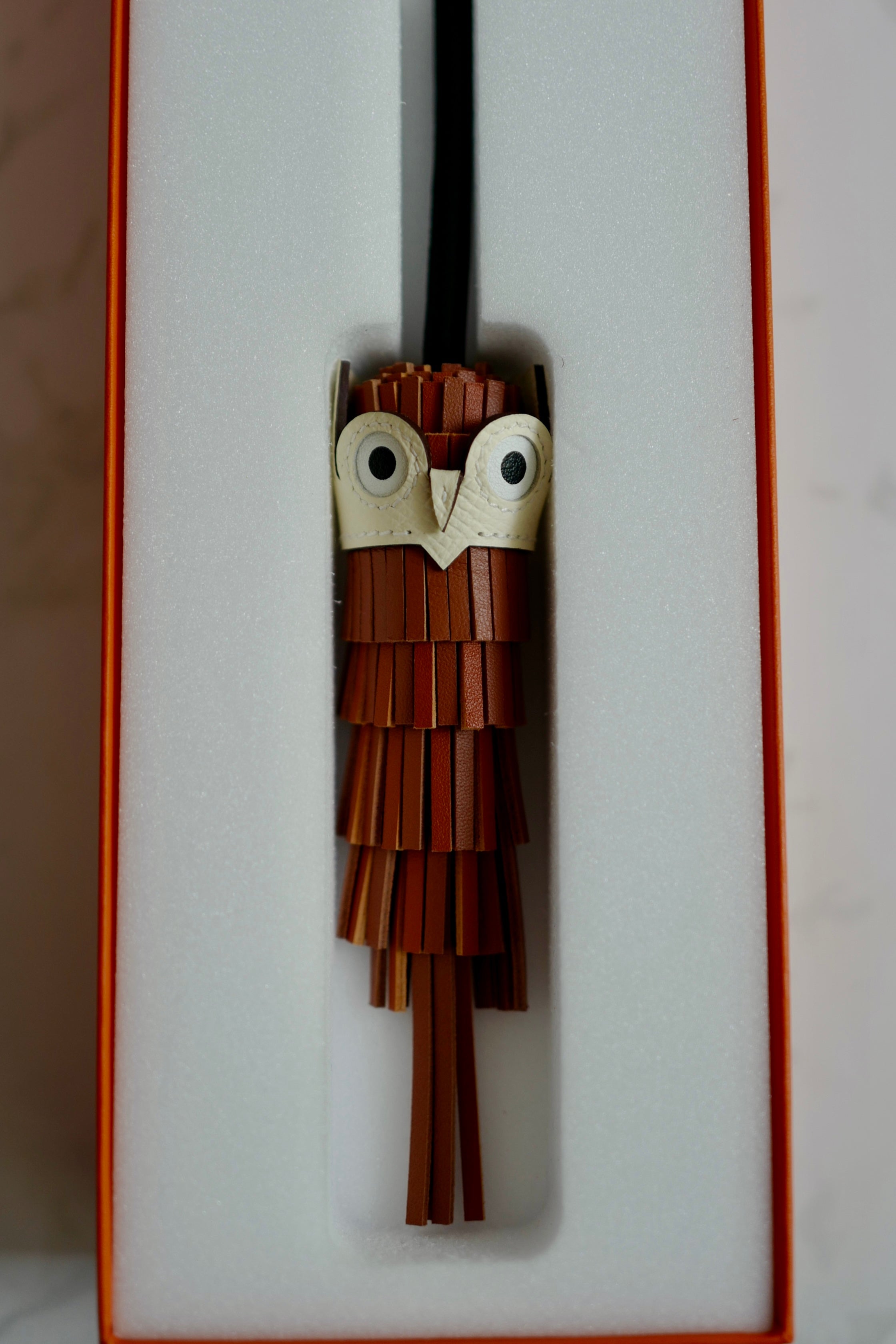 Brand New HERMÈS Chouette Charm Agneau Milo Swift in Gold / Pain d'épice / Noir
