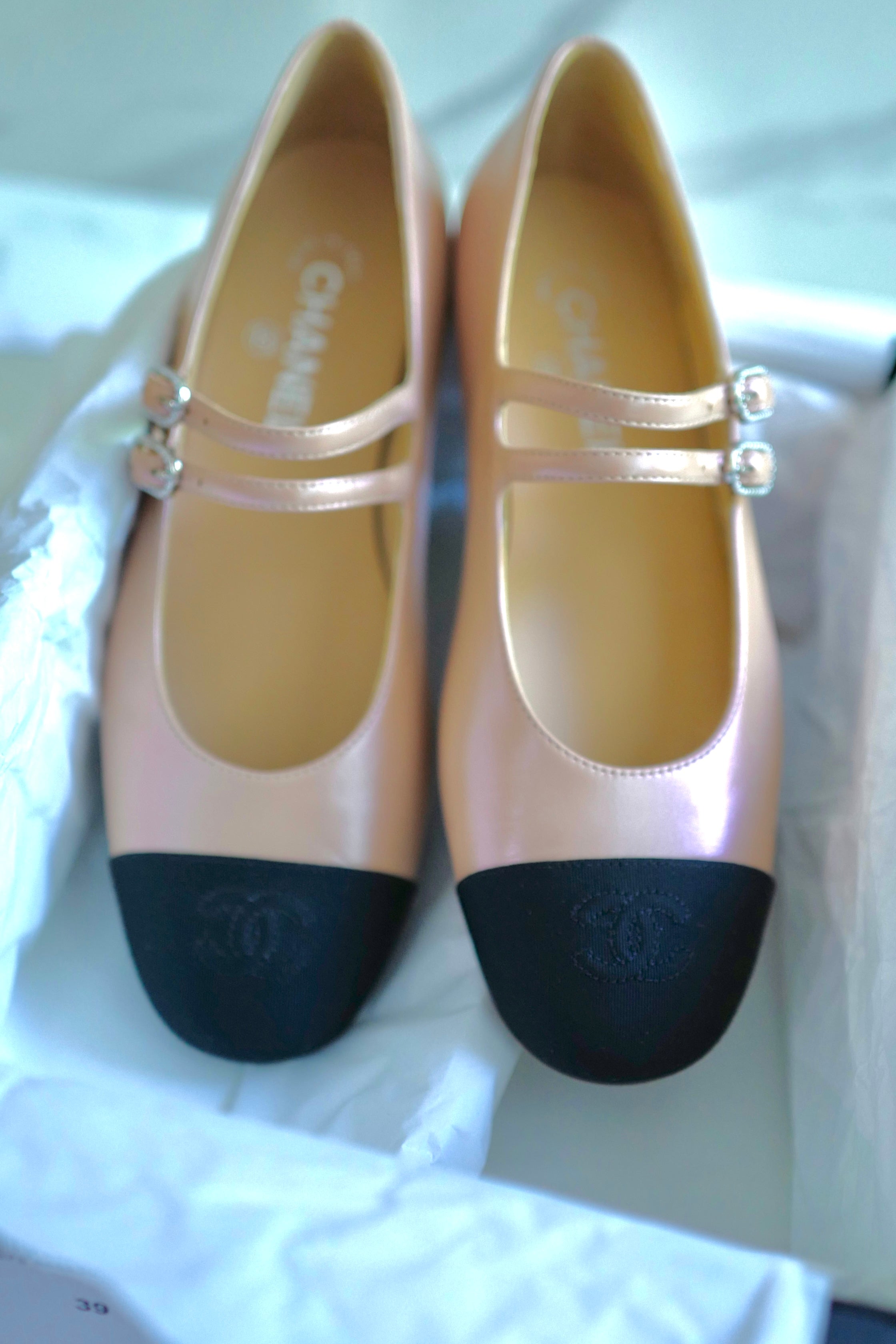 Chanel Lambskin Leather Mary Janes Flats Beige & Black With Straps Size 39