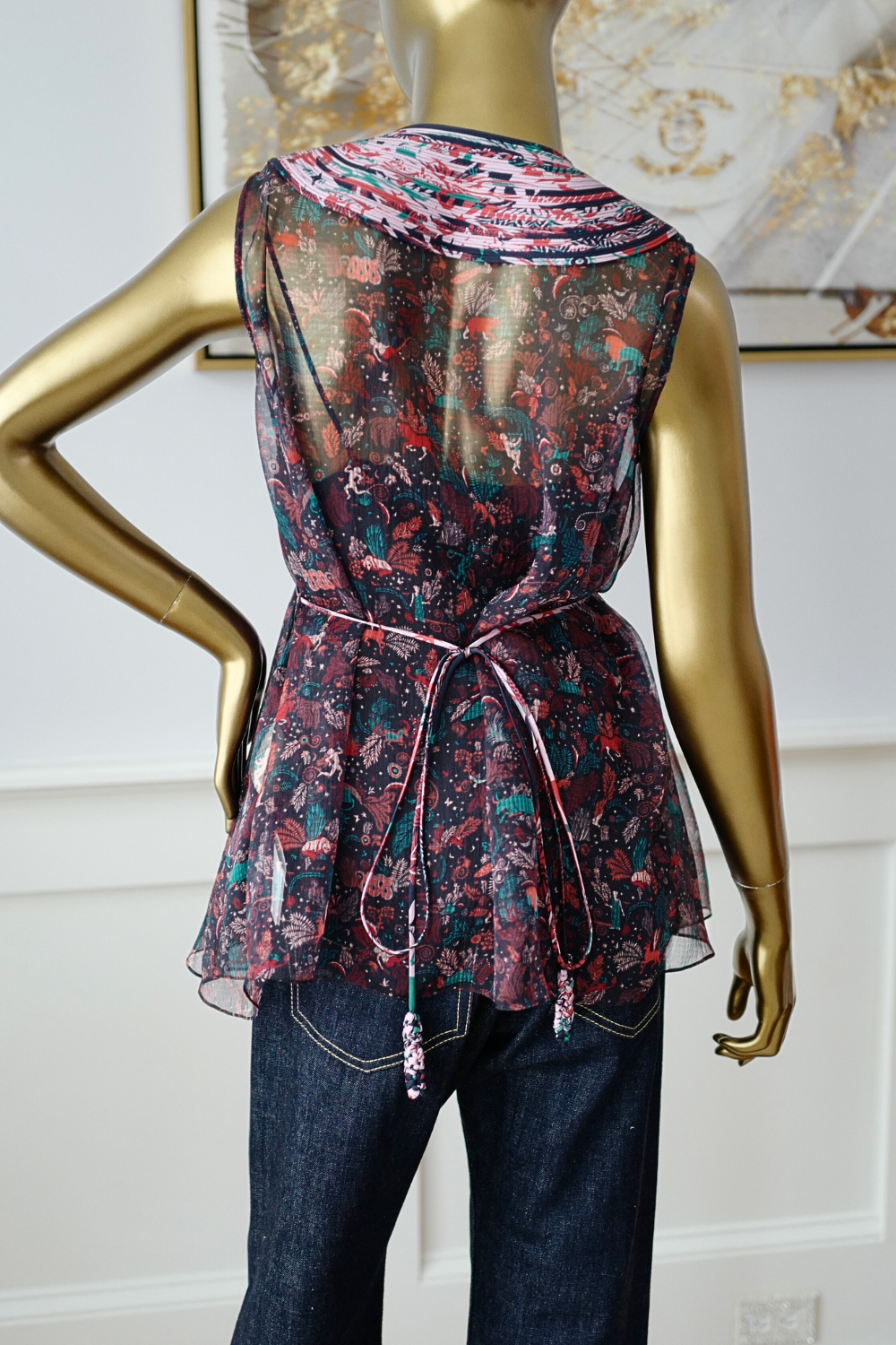 Hermes Silk Blouse Ennobli A Plastron Ox Bleu Marin Sleeveless 36 NEW Two Pcs