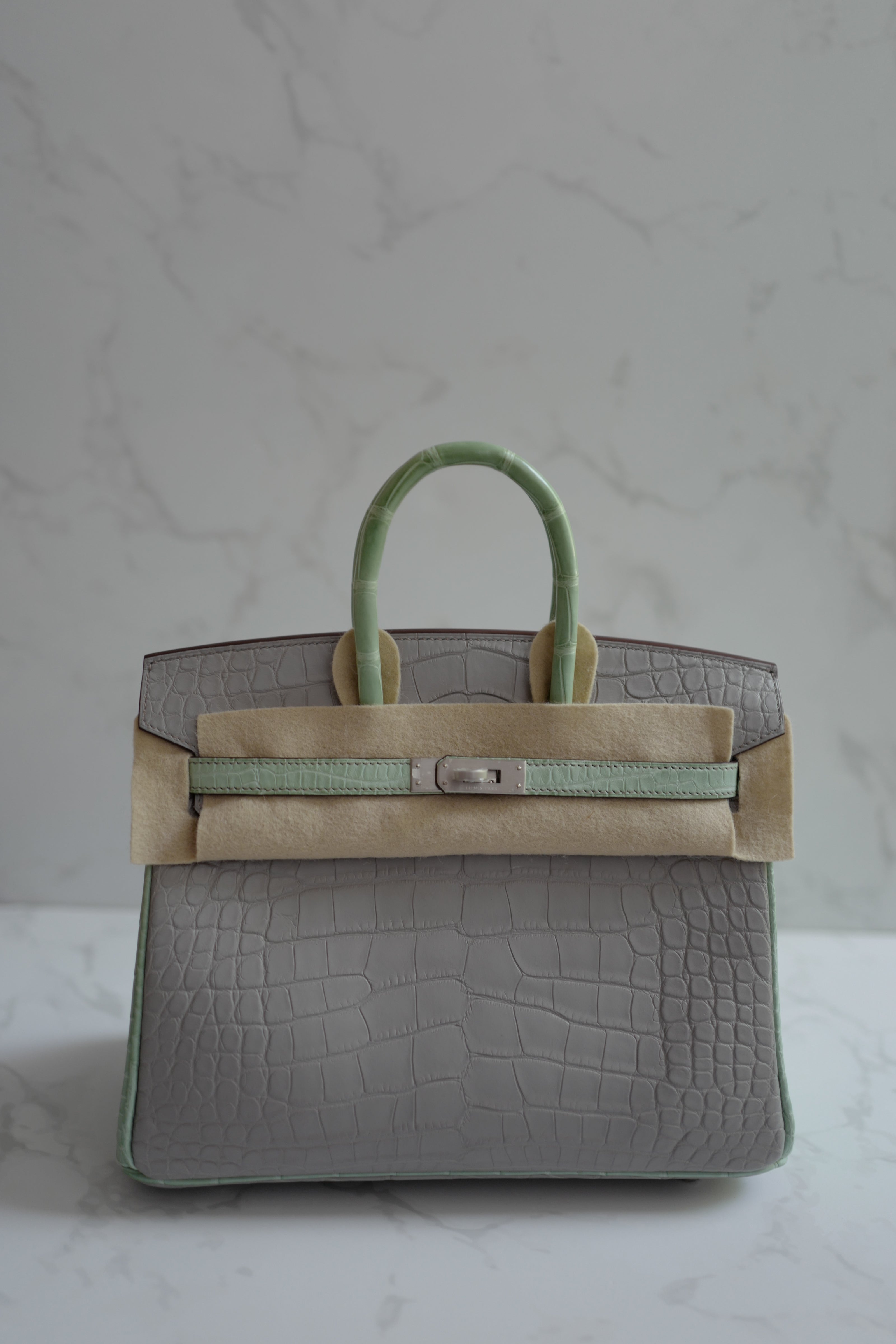 BNIB Hermes Birkin 25 HSS Gris Perle/Vert D’eau Matte Crocodile Brushed Palladium HW