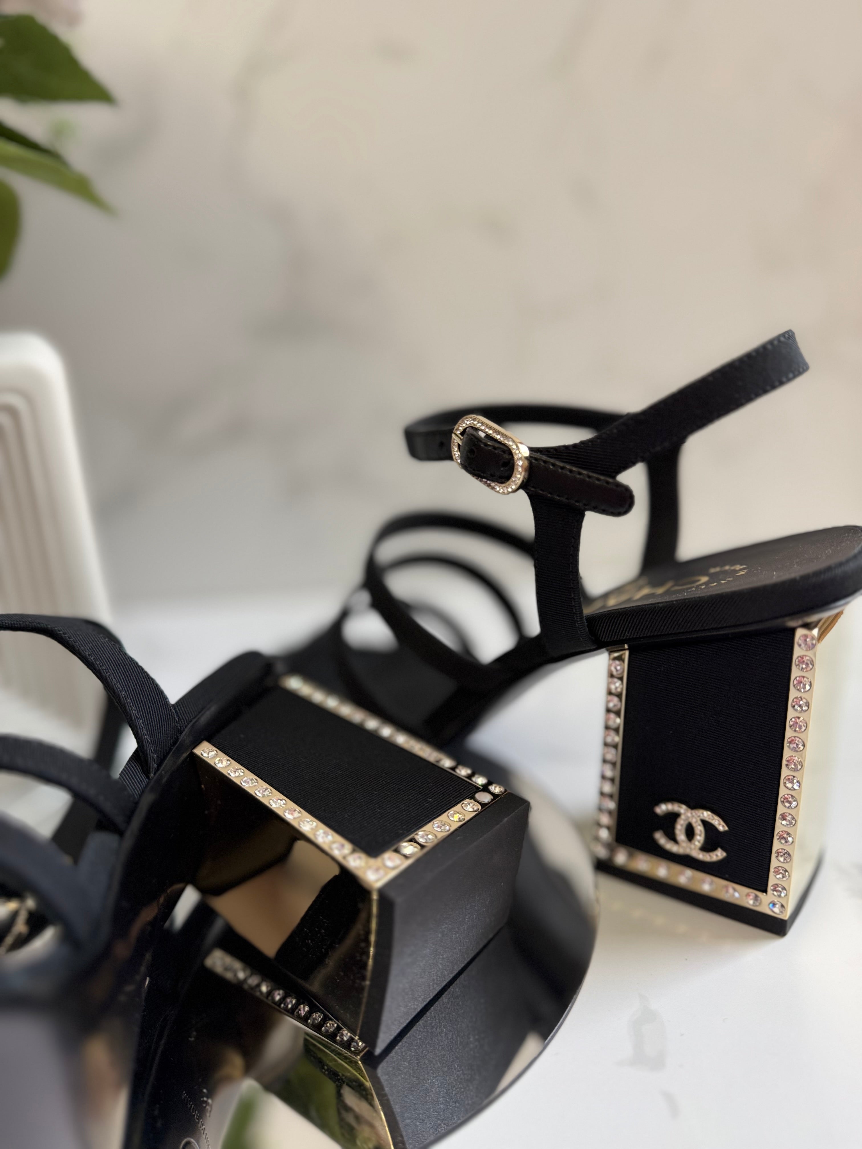 BNIB Chanel 24B Strappy Heels in Black with Crystals Rhinestone Heels size 38