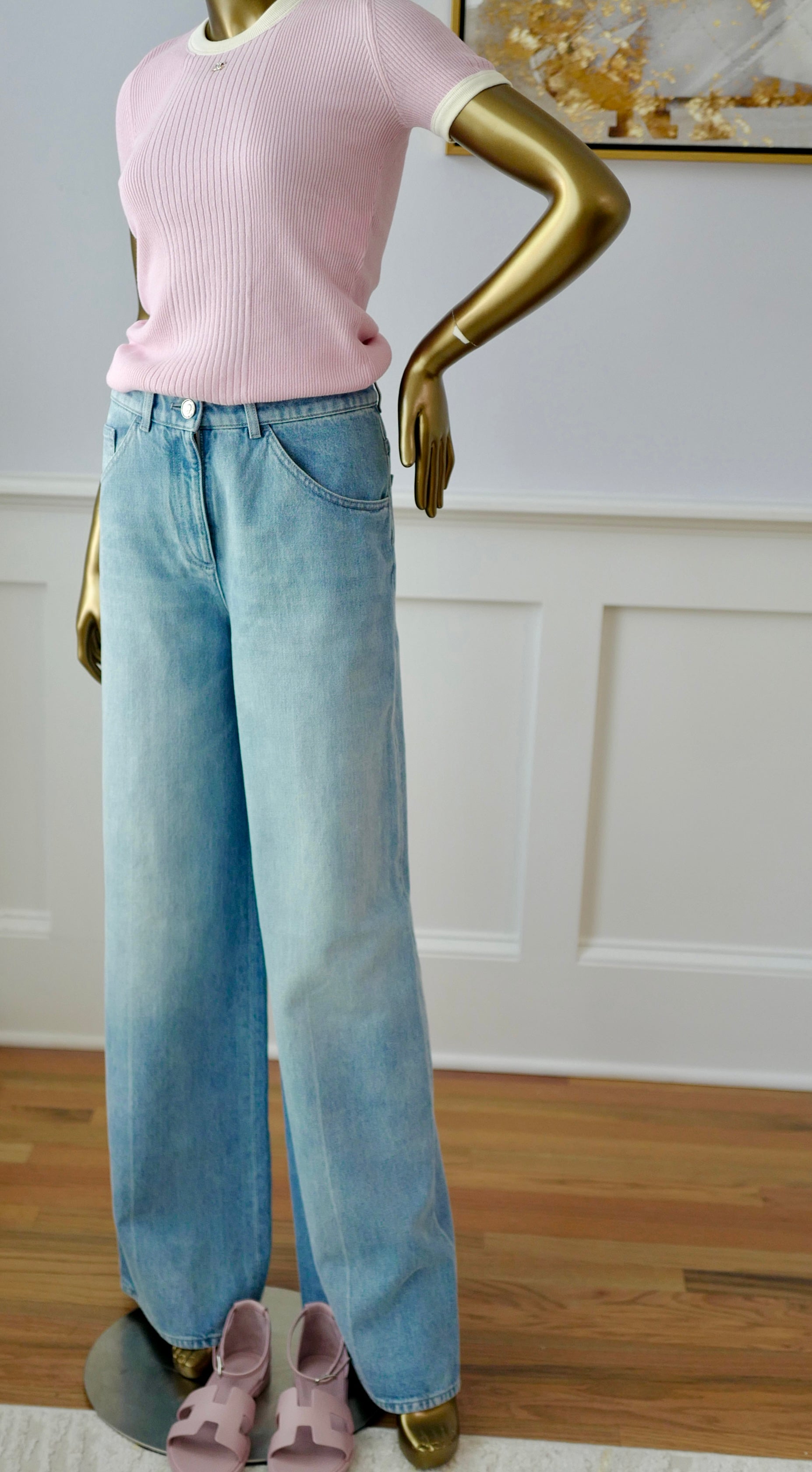 Chanel Printemps 25S CC Sequins Denim Jeans Wide Leg size 38