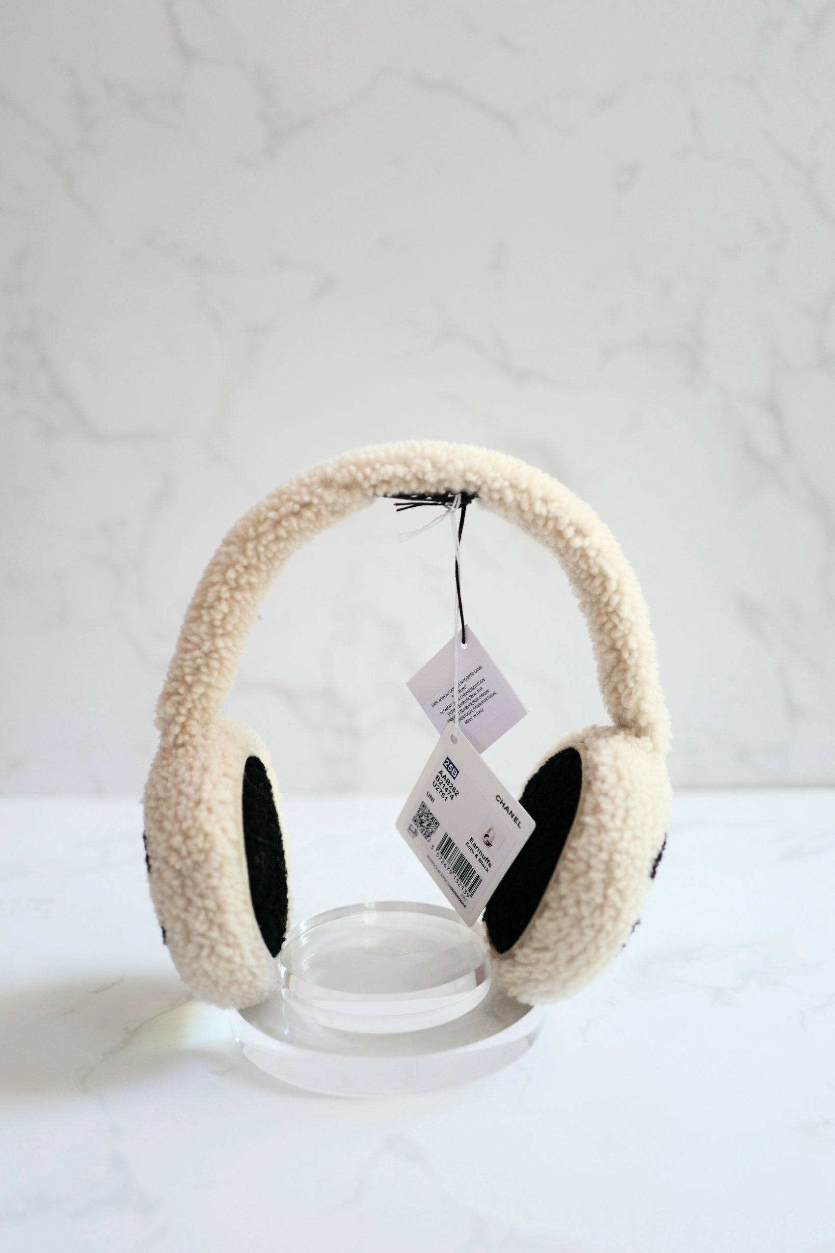 BNIB Chanel CC Earmuffs in Shearling Wool Ecru/Black