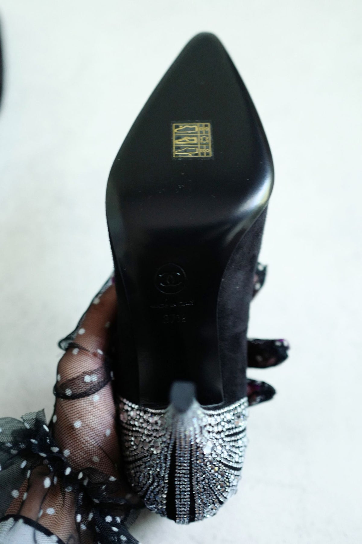 Chanel 26A Metiers d'Art Pumps Suede Kidskin Strass Black & Silver Size 37.5
