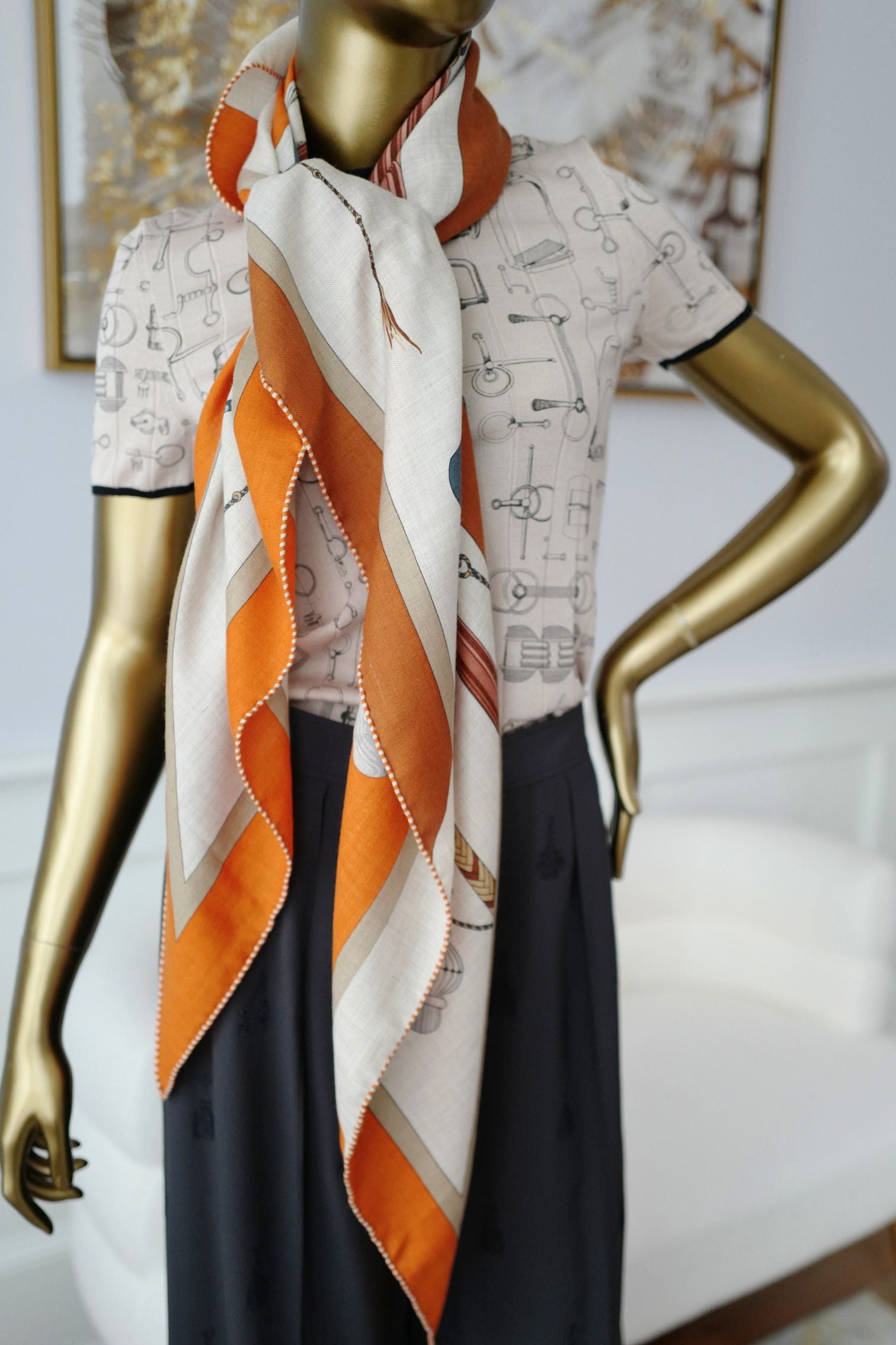 Hermès Clic-Clac Triangle Scarf Orange Cuit /Naturel/Caramel Cashmere Silk