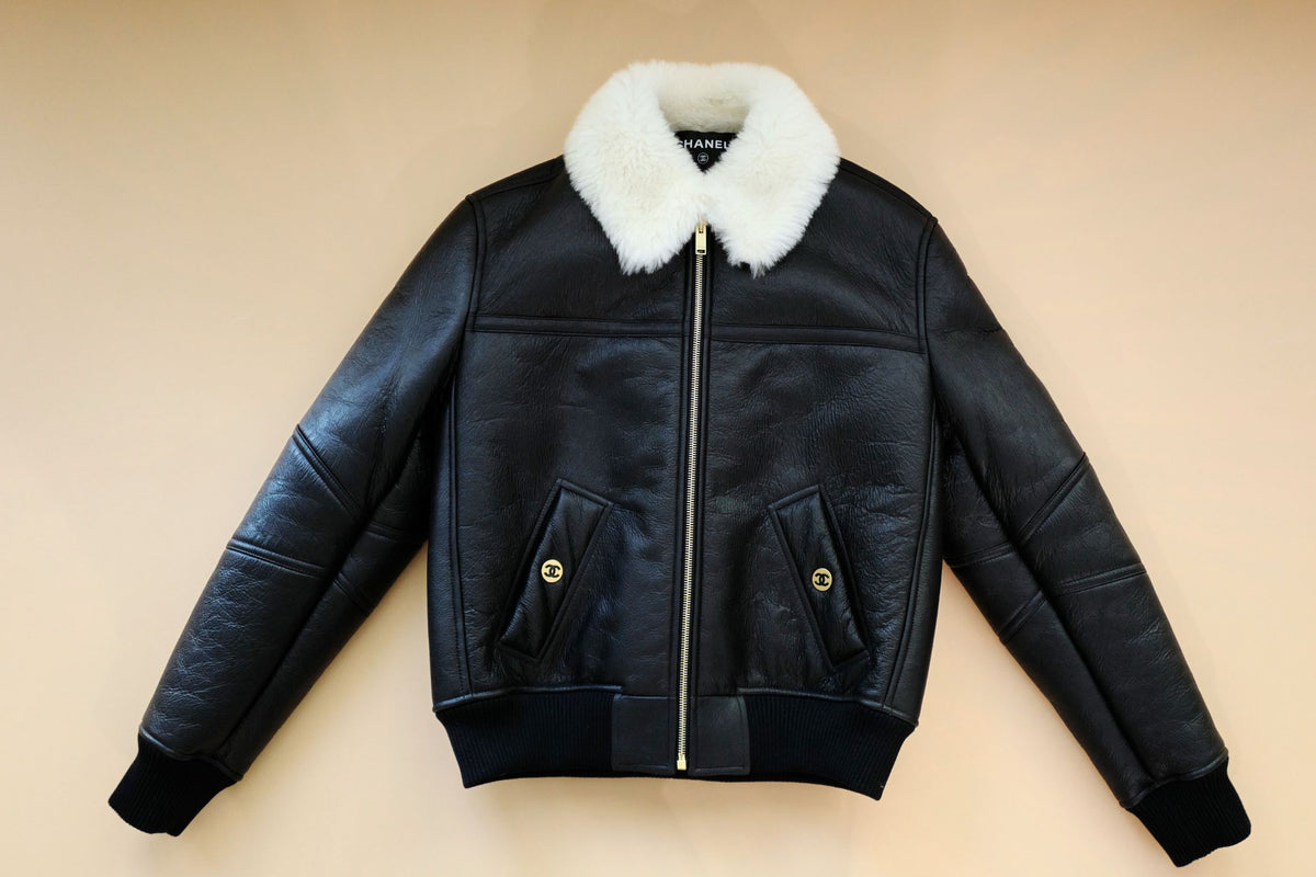 Chanel 26B Blouson Jacket Black White Shearling Lambskin Size 36