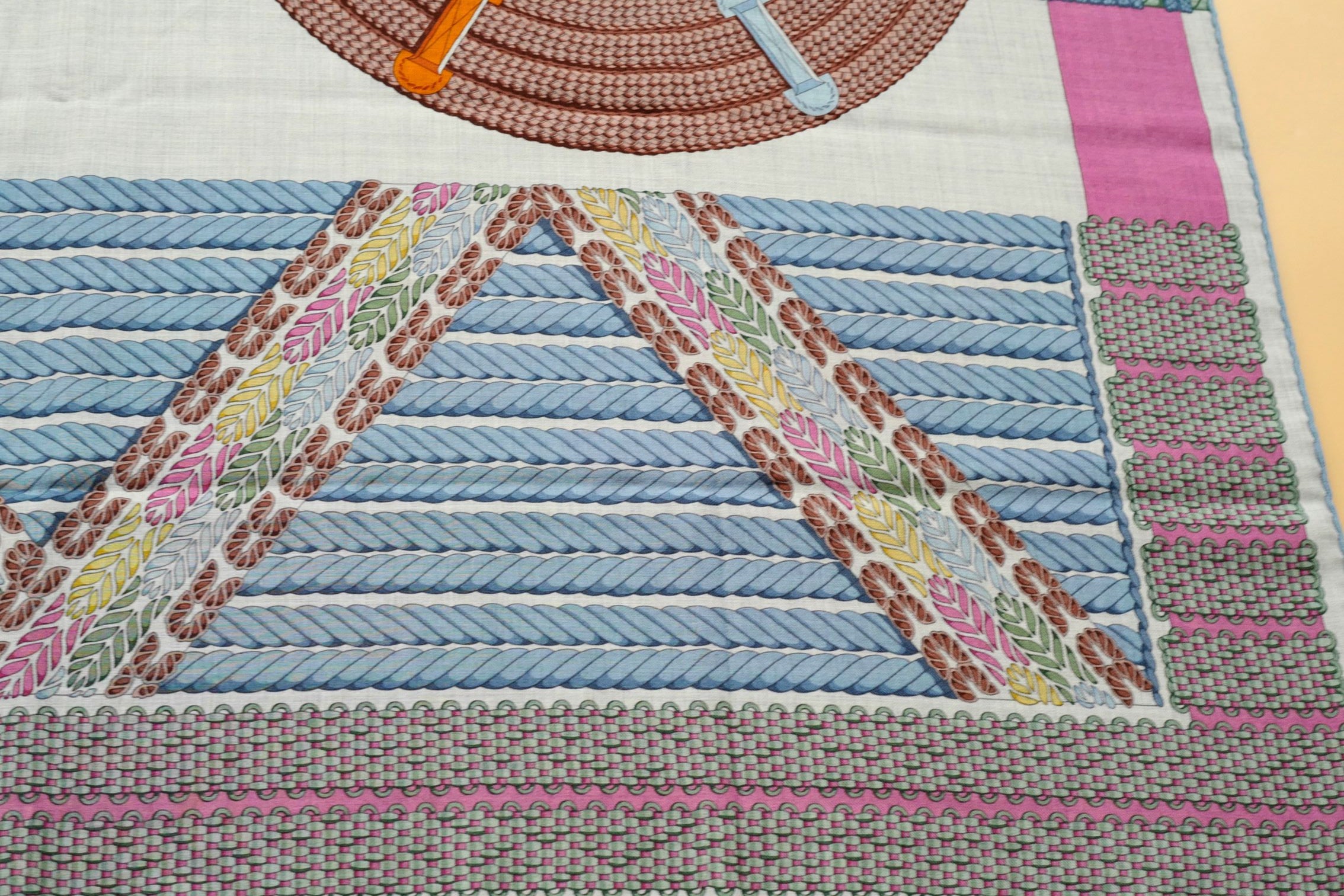Hermès Dressage Tressage Shawl 140 Bleu Ciel/Rose Rouge Cashmere Silk