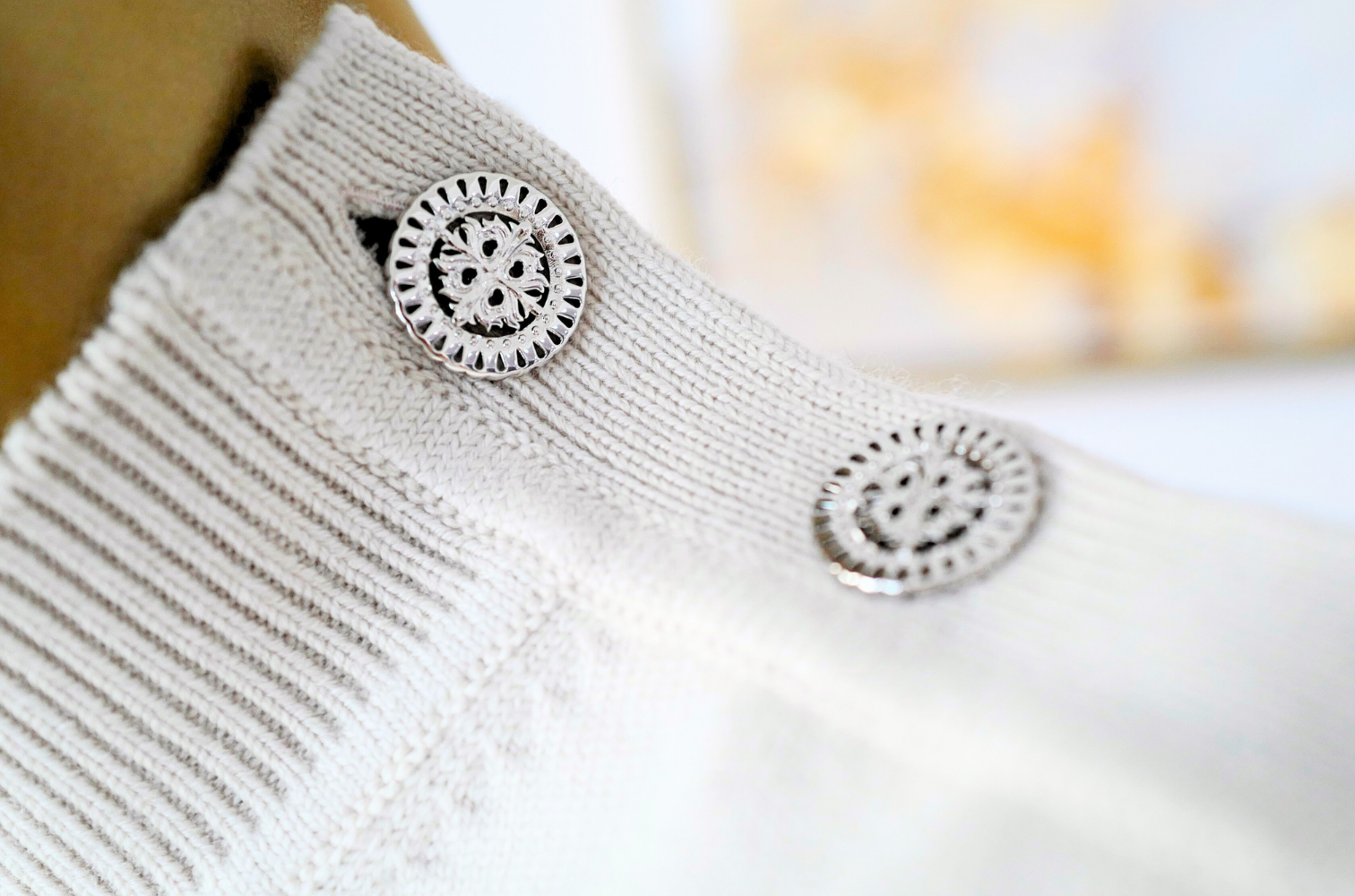 Hermès Sweater with Ferronnerie Button Details Jewel Knit Mock Neck Size 36 Beige Sable