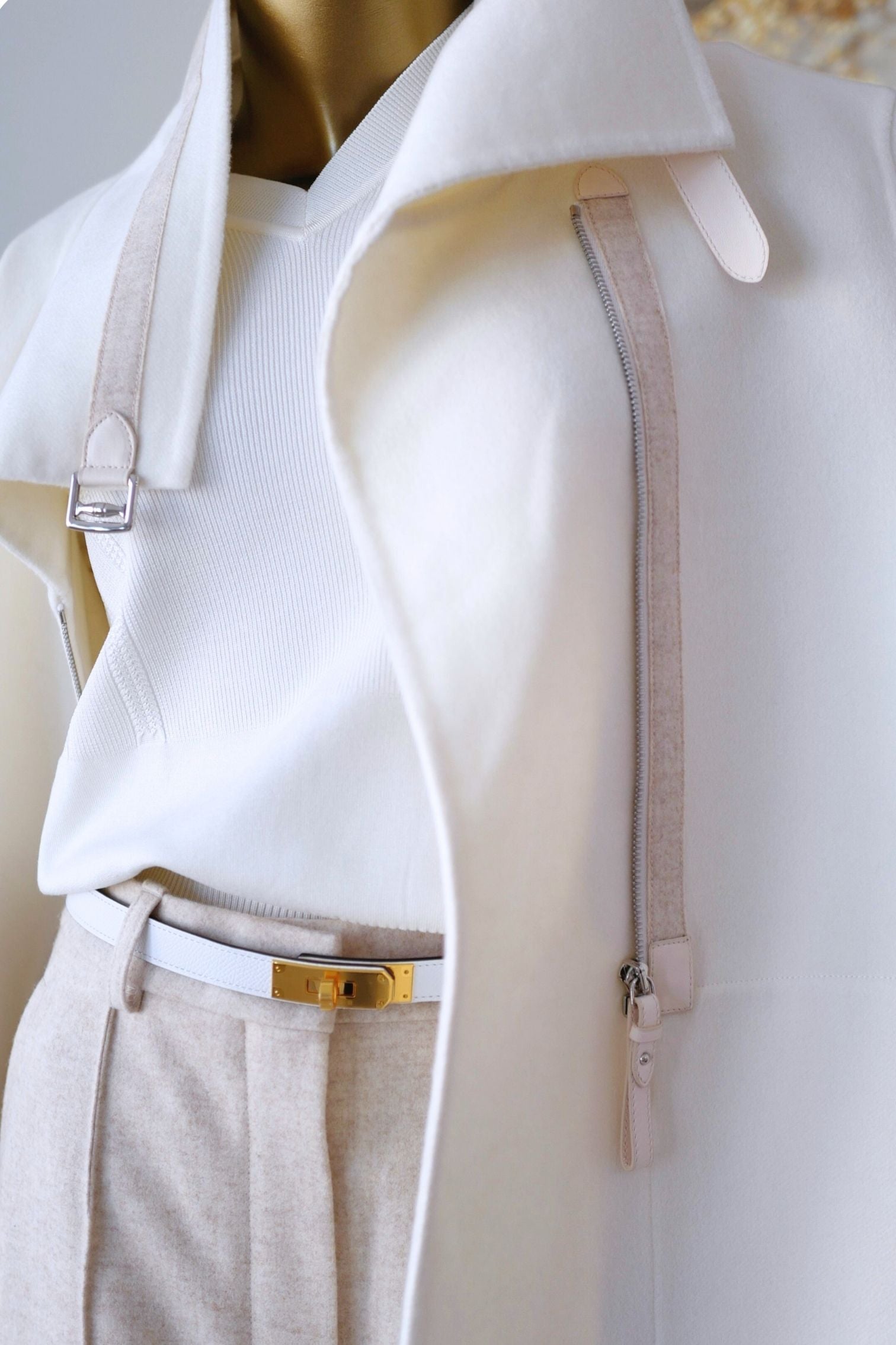 Hermès Double-Face Cashmere Coat with Felt & Leather Details in Natural White Size 34