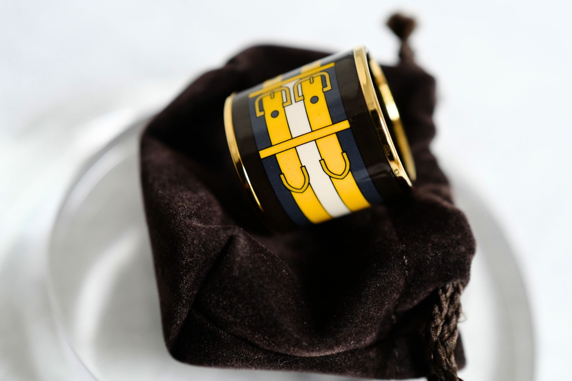 Hermès Rocabar Enamel Scarf Ring Black/Yellow/Blue Striped