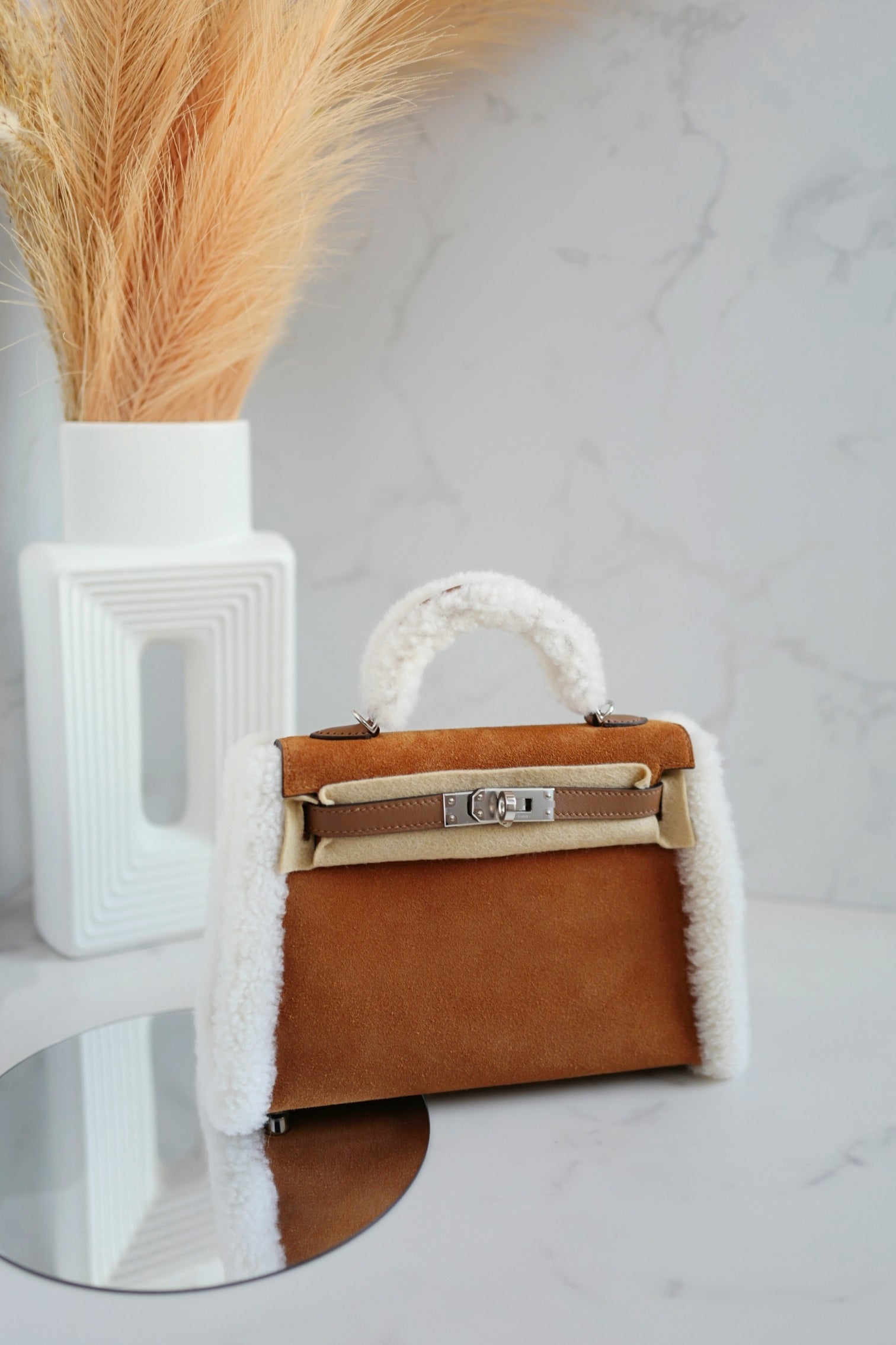 BNIB Hermès Mini Kelly Teddy Gold/Ecru/Alezan Shearling Suede Palladium Hardware
