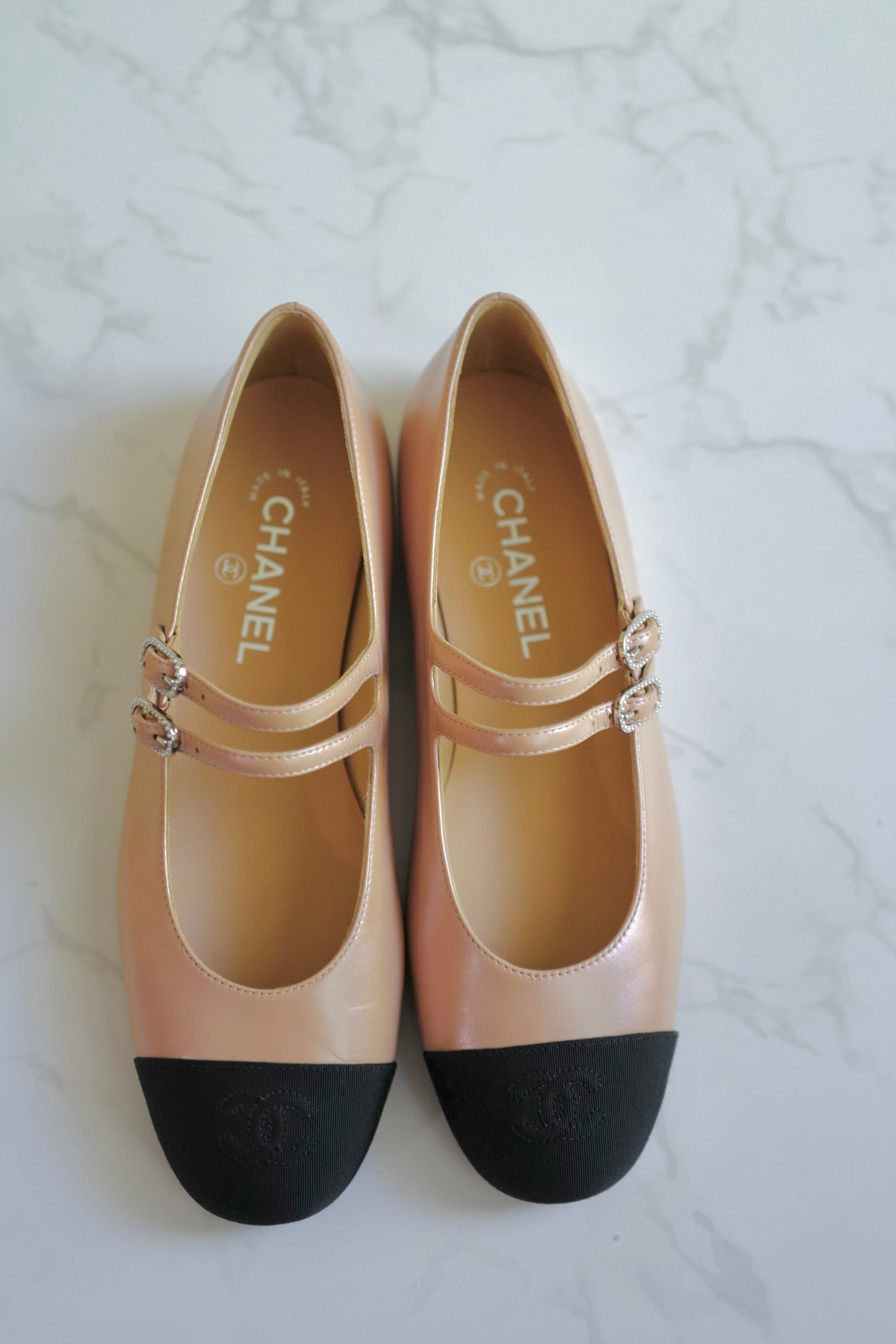 Chanel Lambskin Leather Mary Janes Flats Beige & Black With Straps Size 39