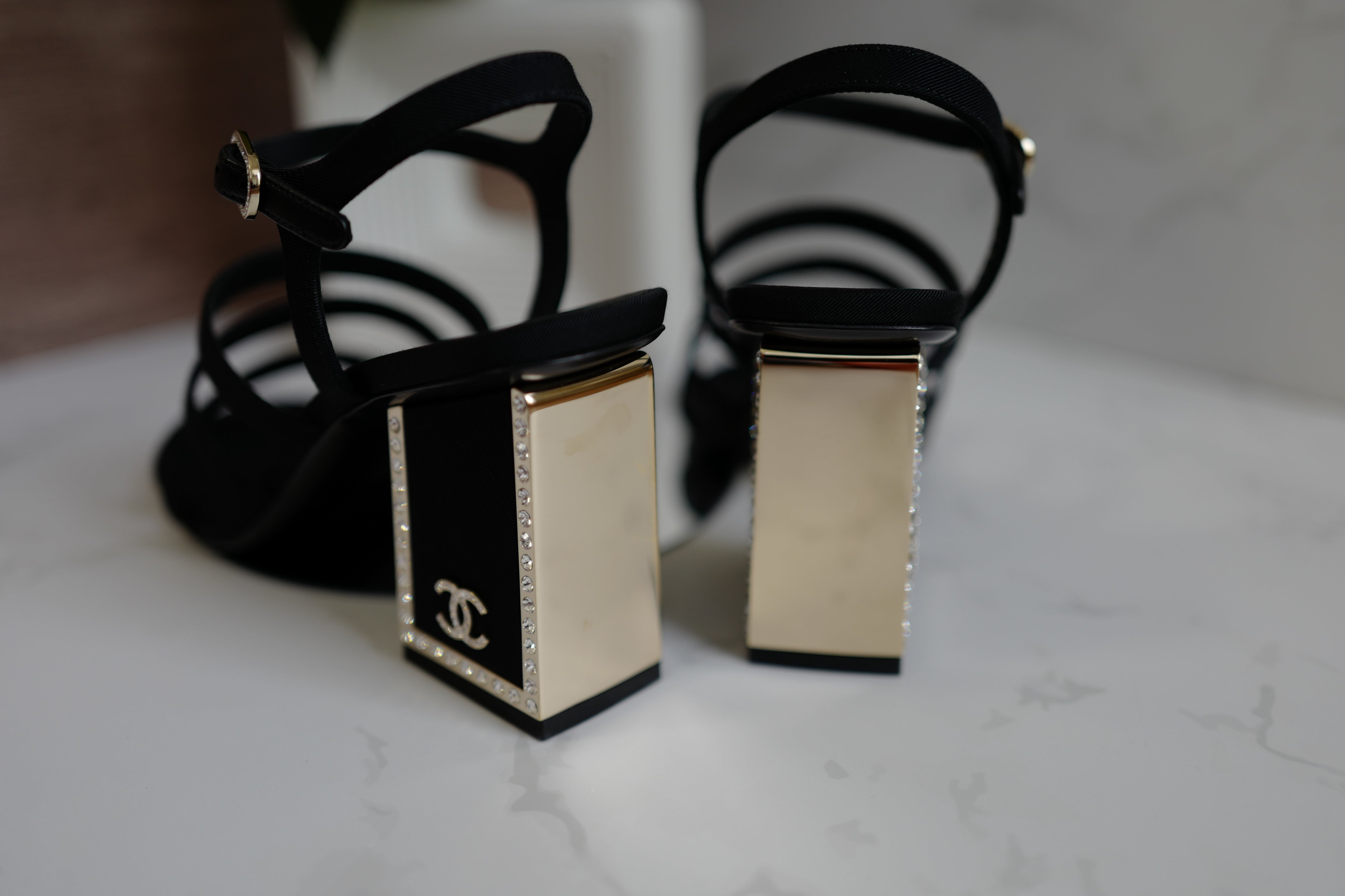 BNIB Chanel 24B Strappy Heels in Black with Crystals Rhinestone Heels size 38