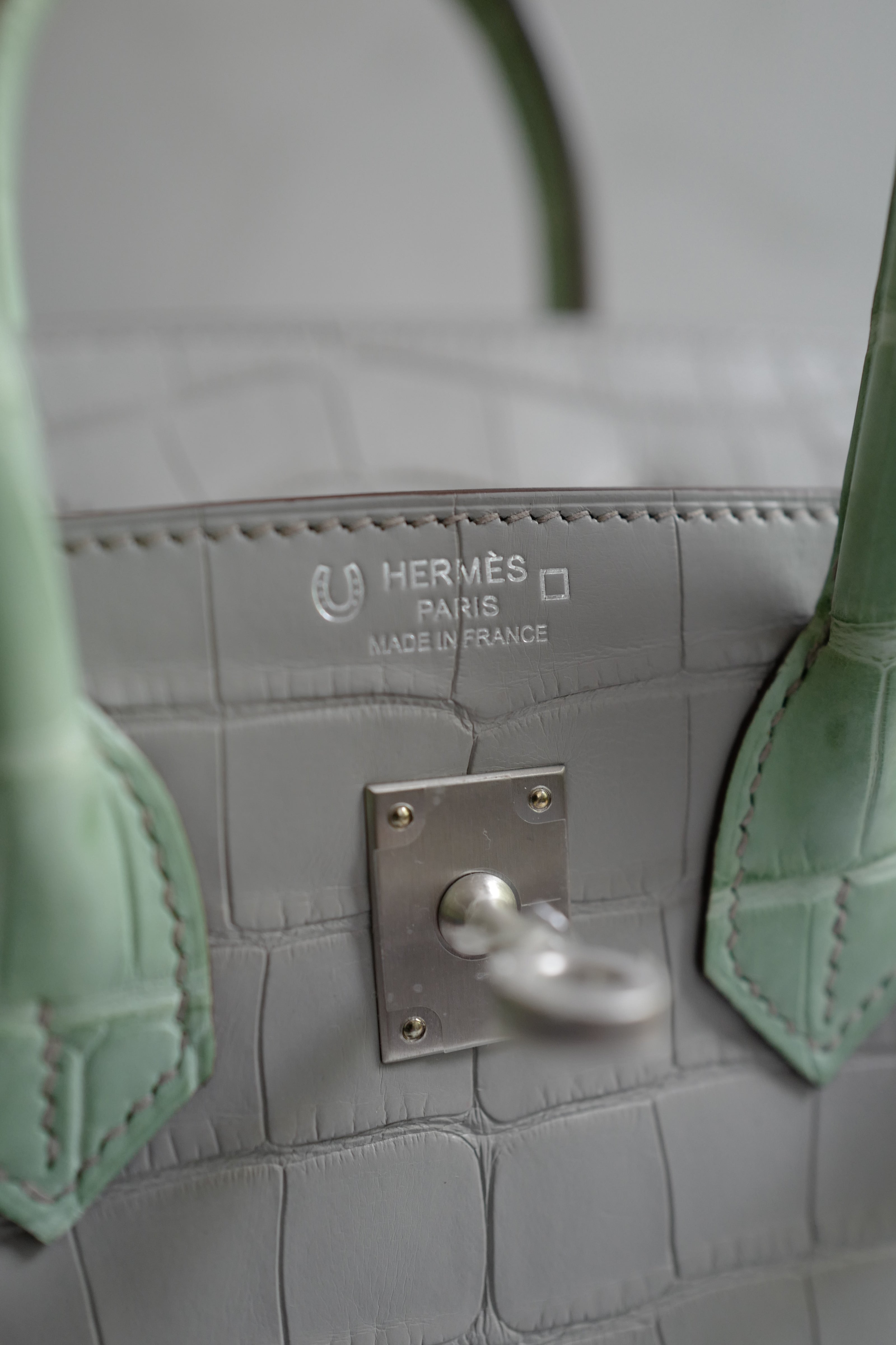 BNIB Hermes Birkin 25 HSS Gris Perle/Vert D’eau Matte Crocodile Brushed Palladium HW