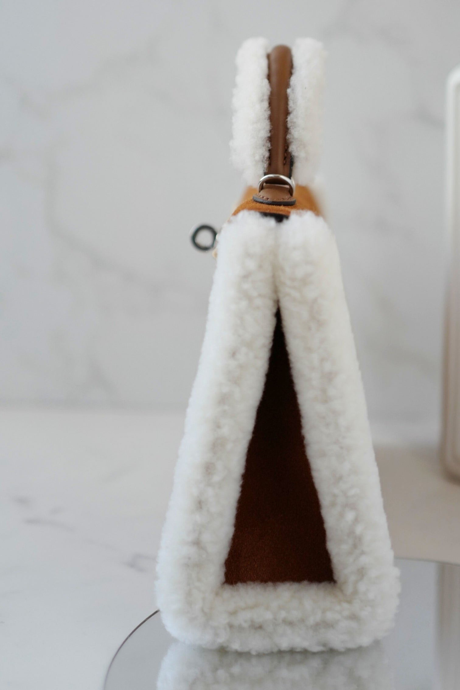 BNIB Hermès Mini Kelly Teddy Gold/Ecru/Alezan Shearling Suede Palladium Hardware