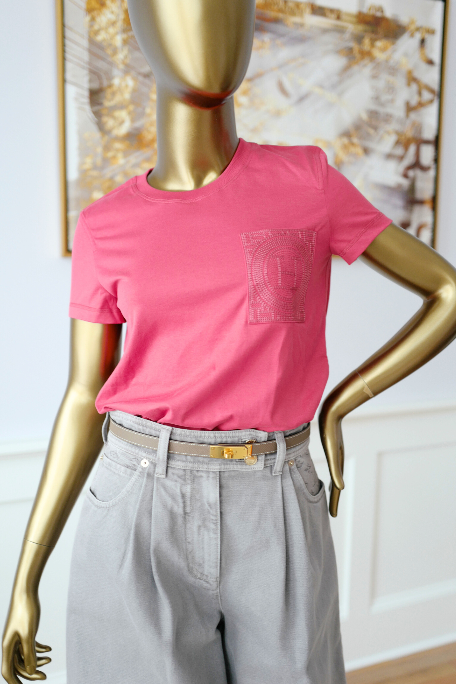 New Hermès Women’s Embroidered Pocket T-Shirt Rose Framboise Size 34