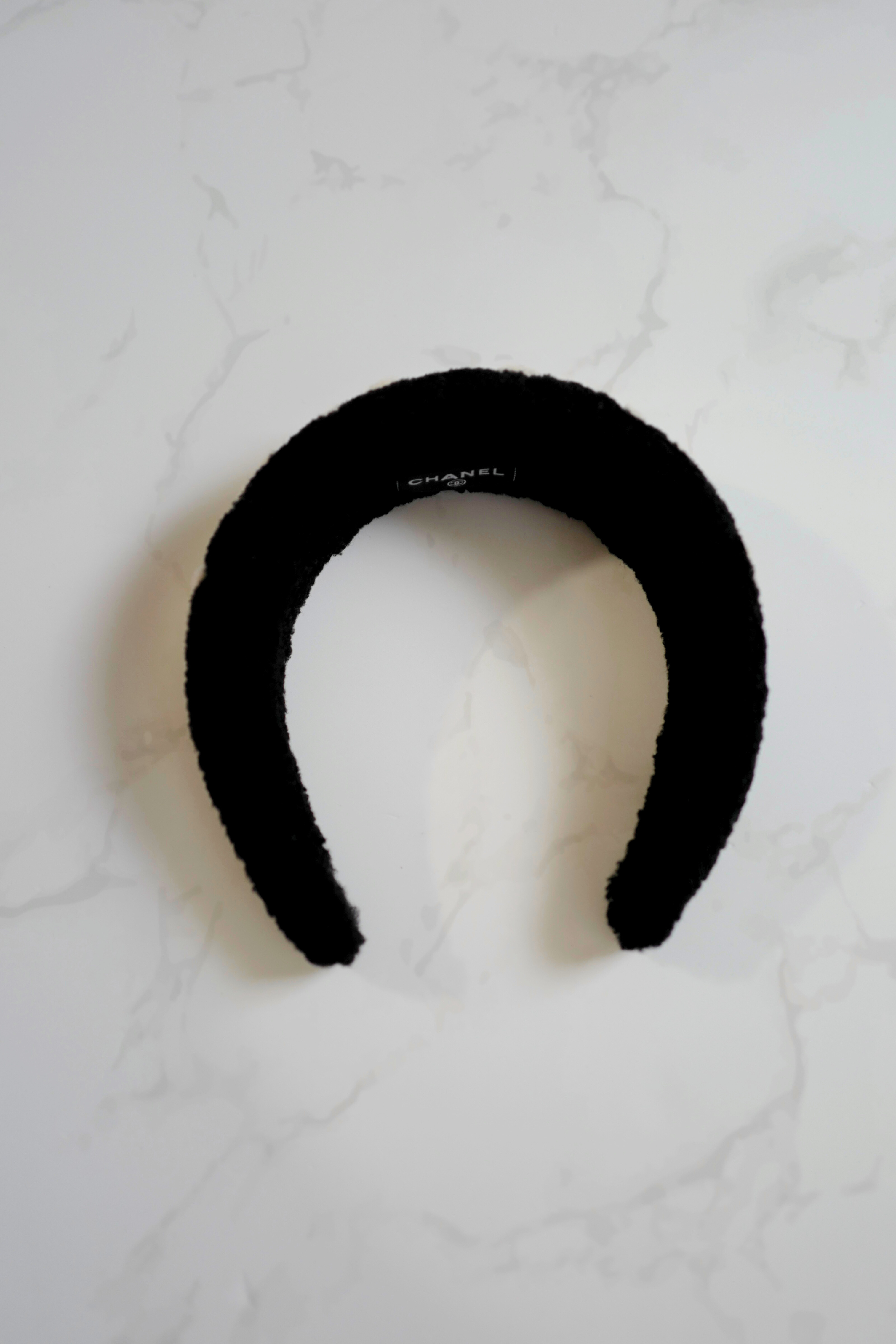 NEW Chanel Headband Shearling Black Ecru Logo Hair Accessories