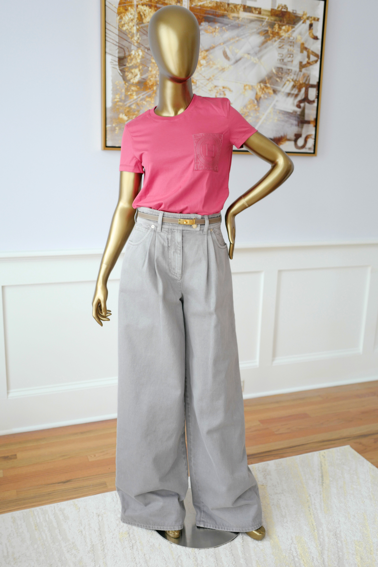 New Hermès Women’s Embroidered Pocket T-Shirt Rose Framboise Size 34
