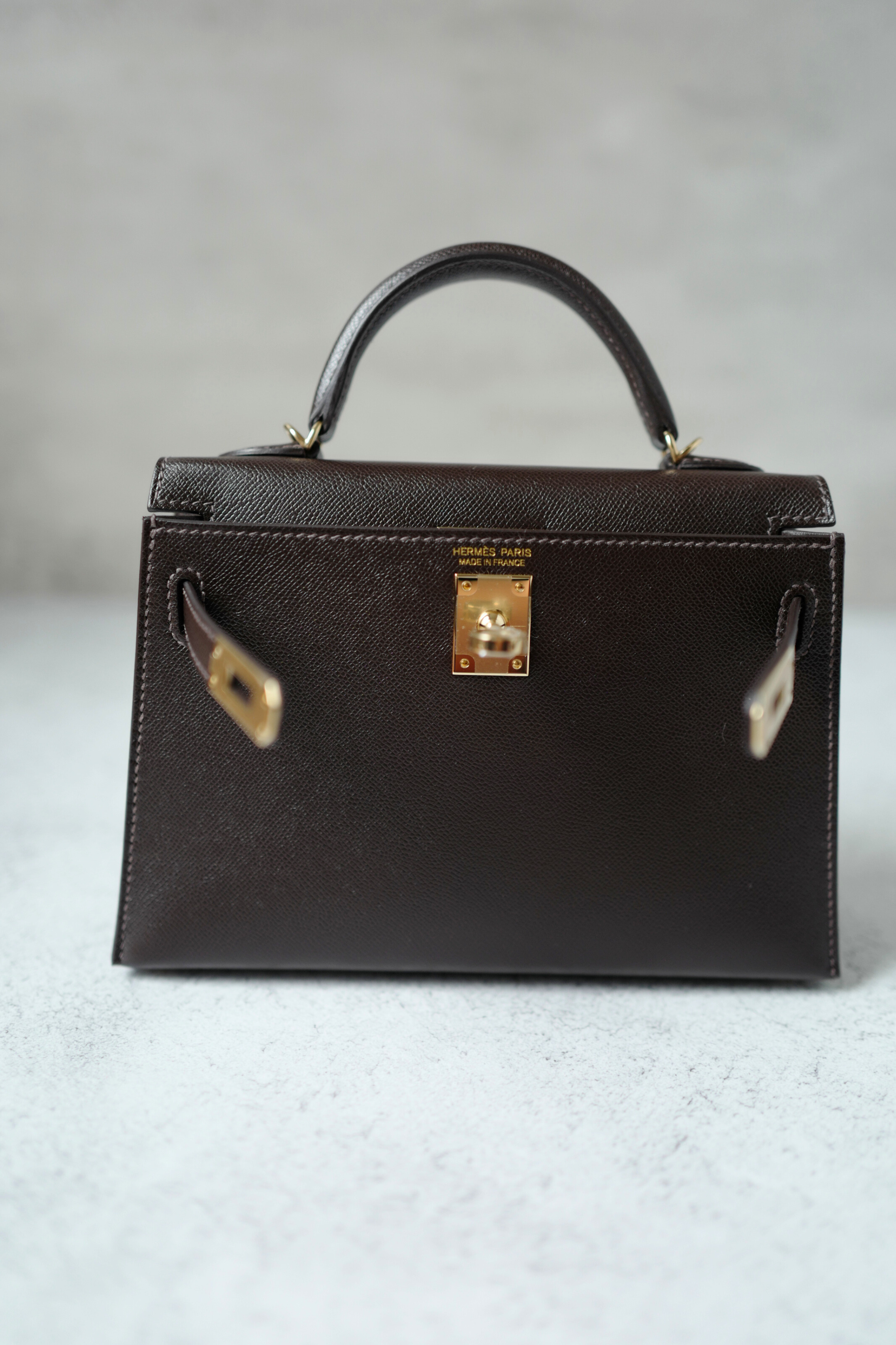 Hermès Mini Kelly 20 Bag in Bai Brun Veau Madame Leather with Permabrass Hardware K Stamp