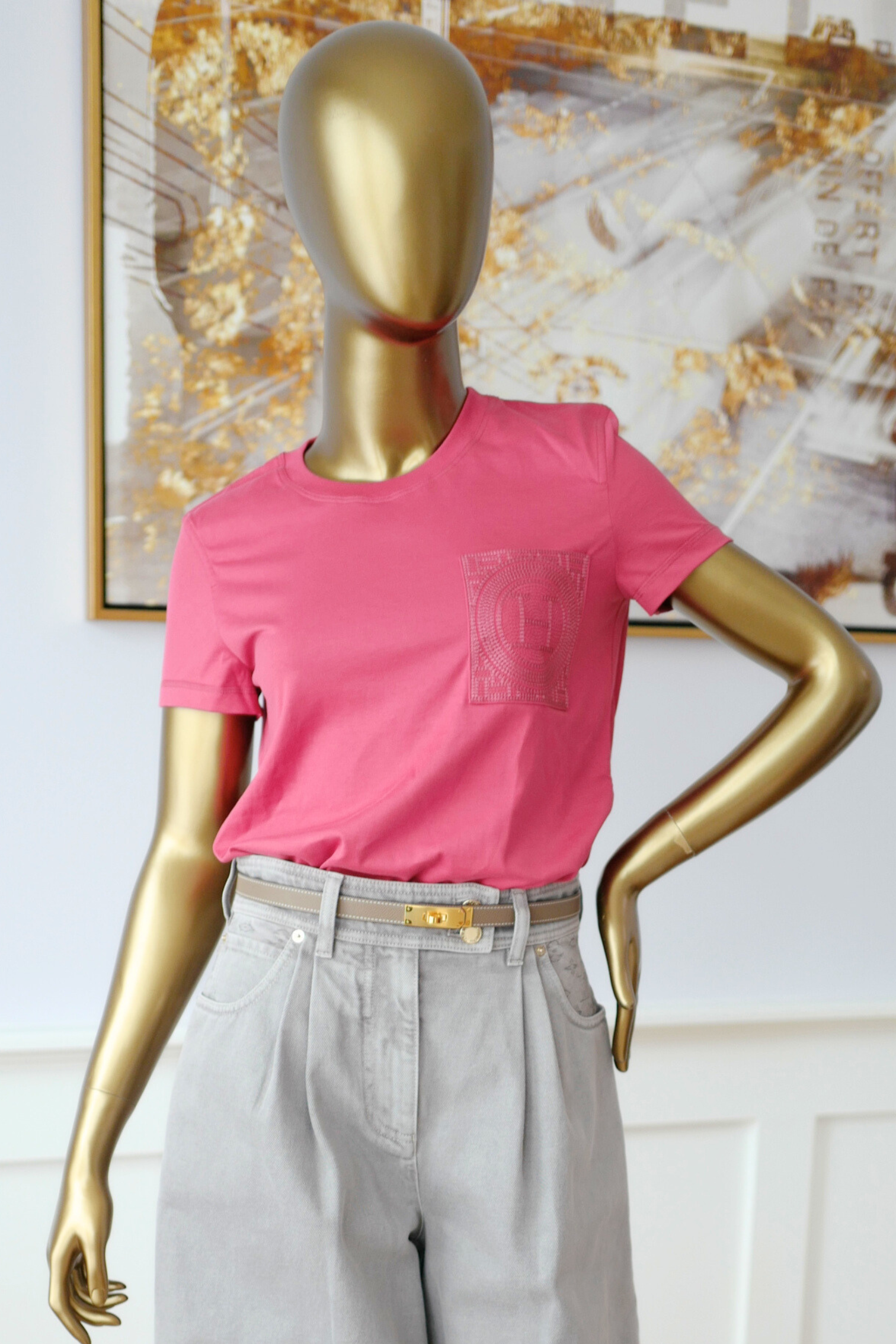 New Hermès Women’s Embroidered Pocket T-Shirt Rose Framboise Size 34