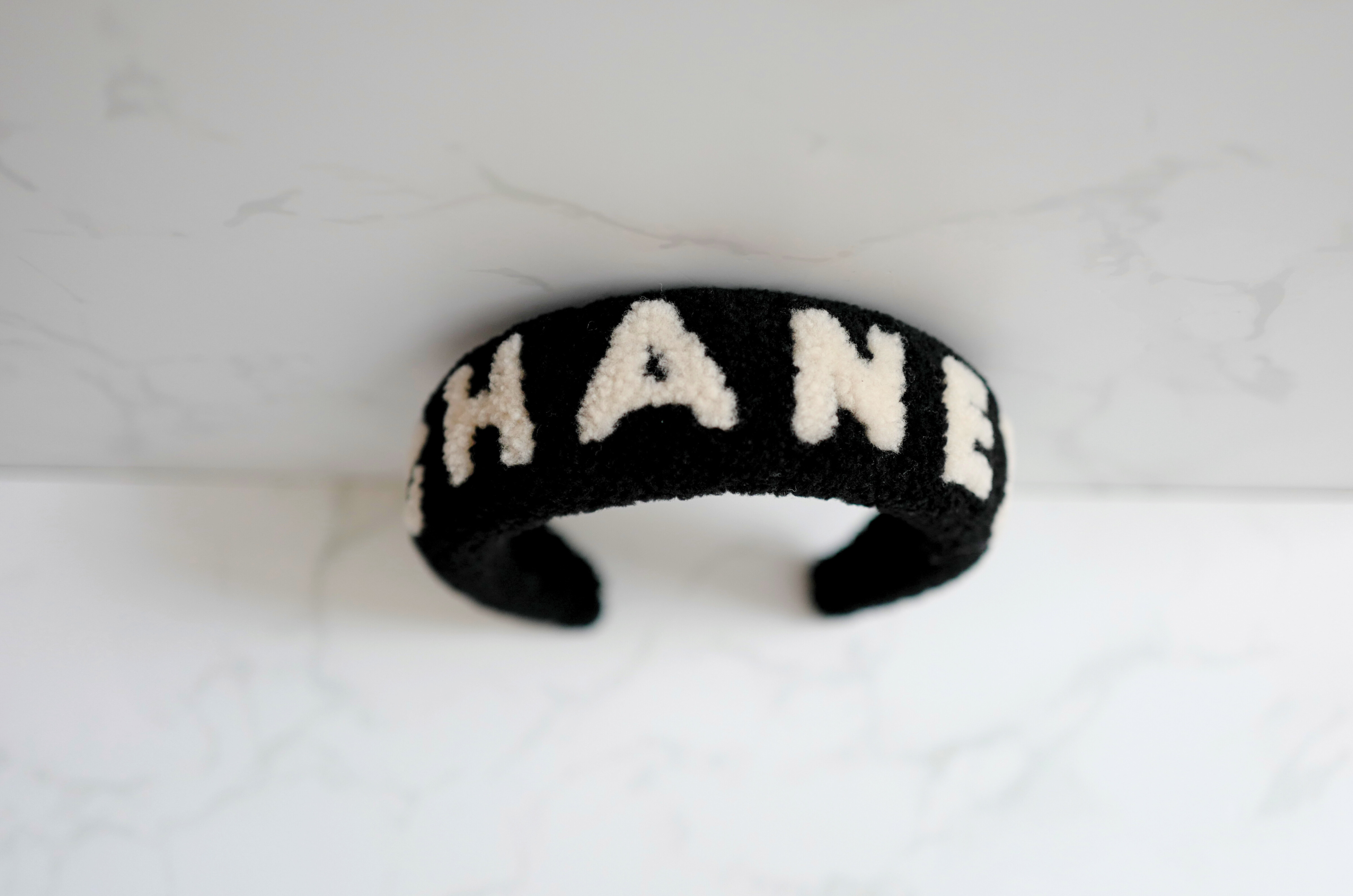 NEW Chanel Headband Shearling Black Ecru Logo Hair Accessories