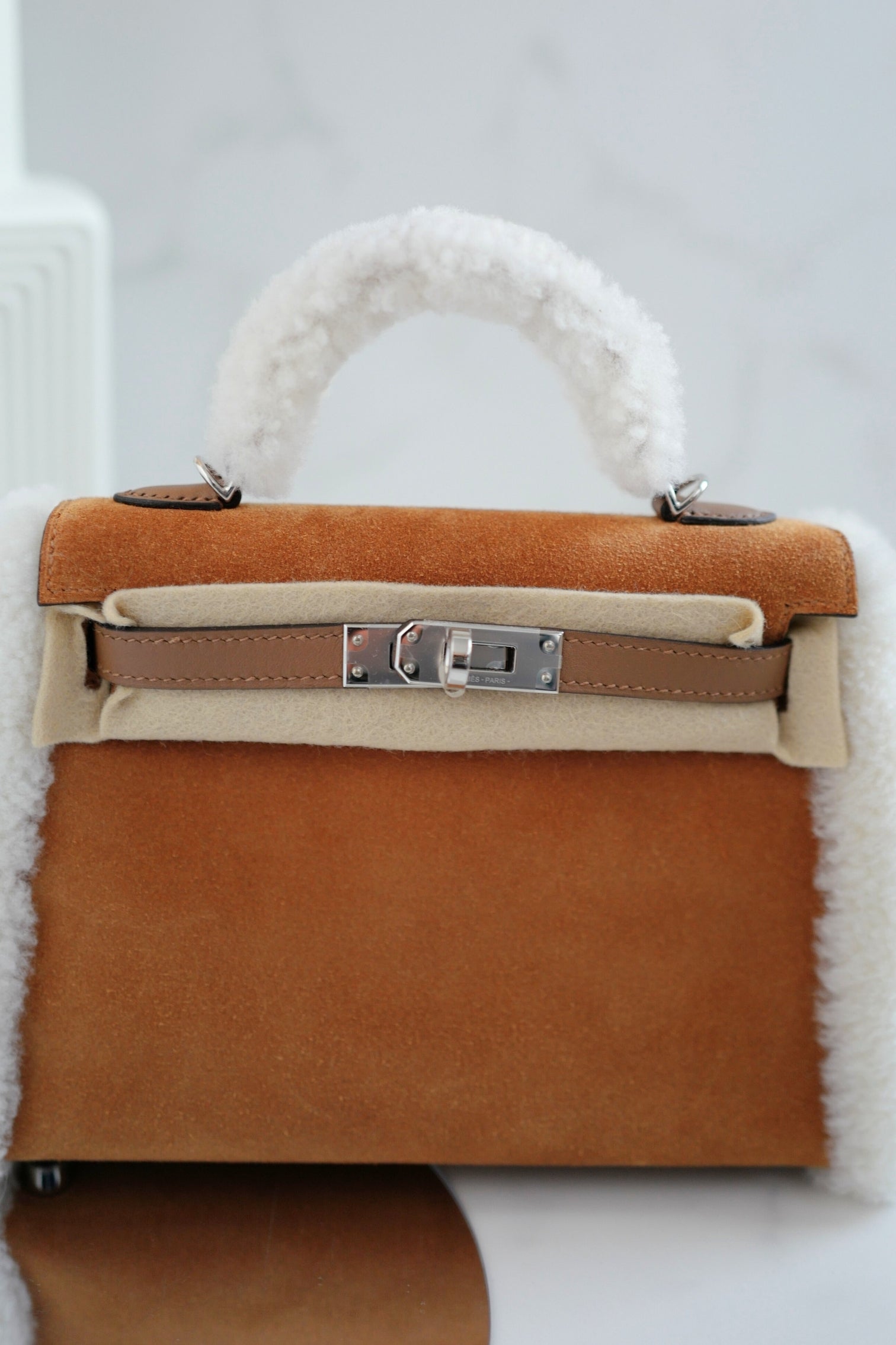 BNIB Hermès Mini Kelly Teddy Gold/Ecru/Alezan Shearling Suede Palladium Hardware