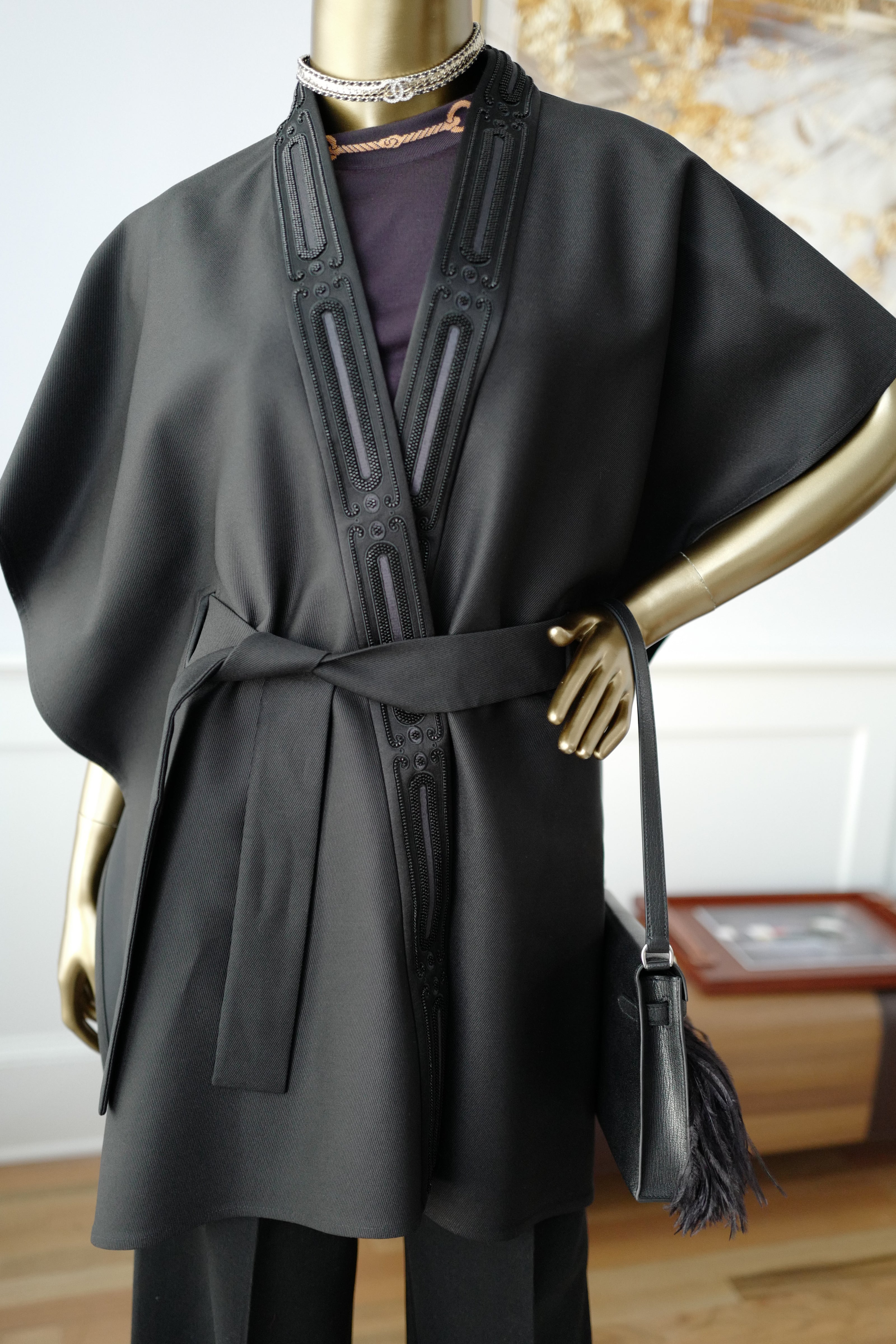 NEW Hermes Embroidered Long Poncho Vest Size 34 Noir Black Over $7K Retail