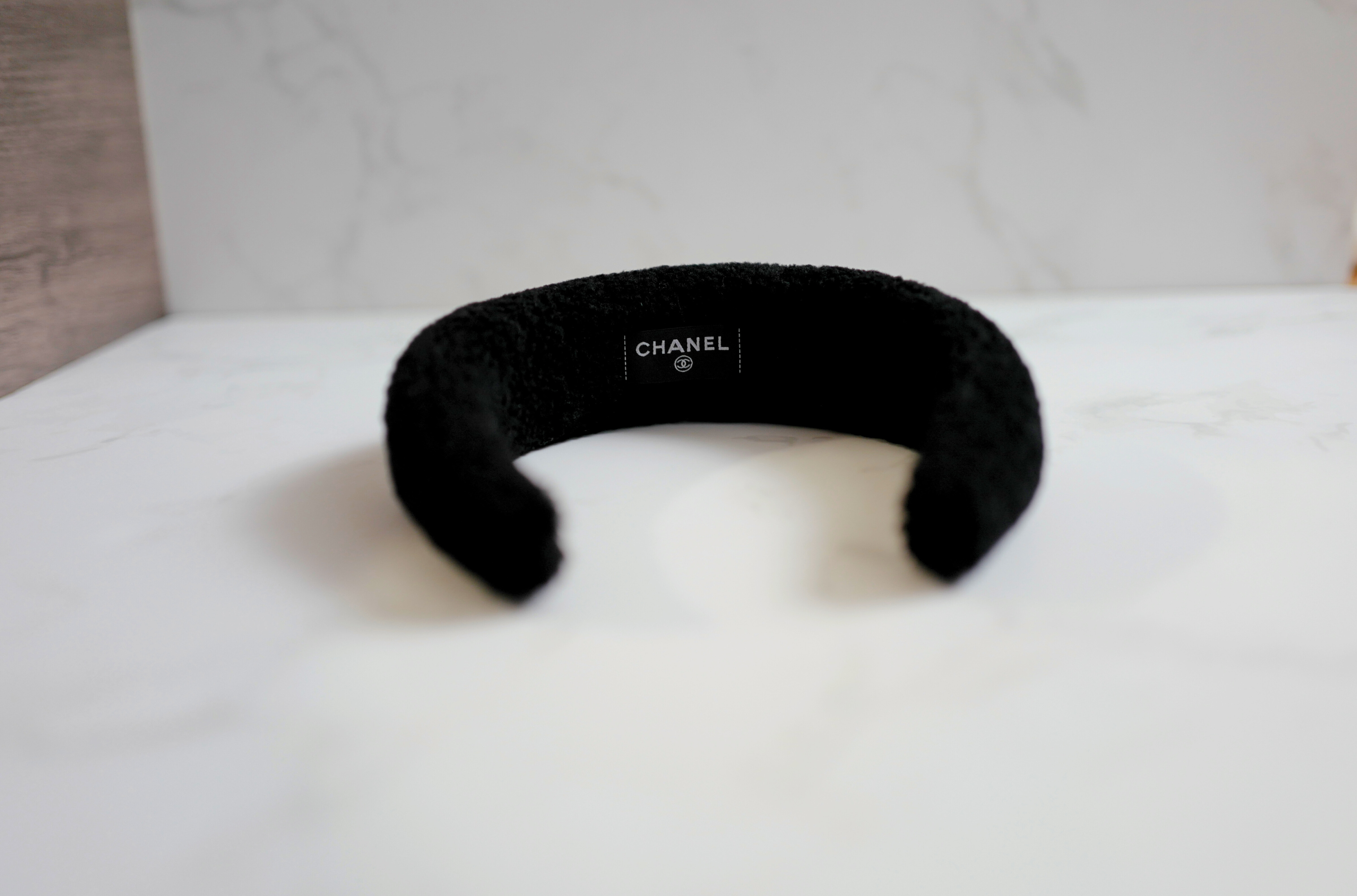 NEW Chanel Headband Shearling Black Ecru Logo Hair Accessories