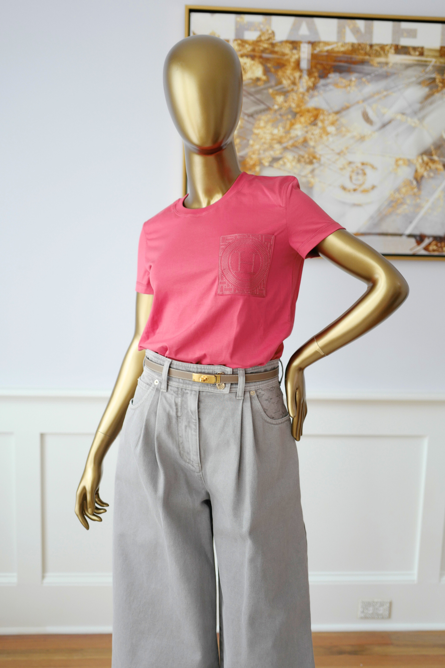 New Hermès Women’s Embroidered Pocket T-Shirt Rose Framboise Size 34