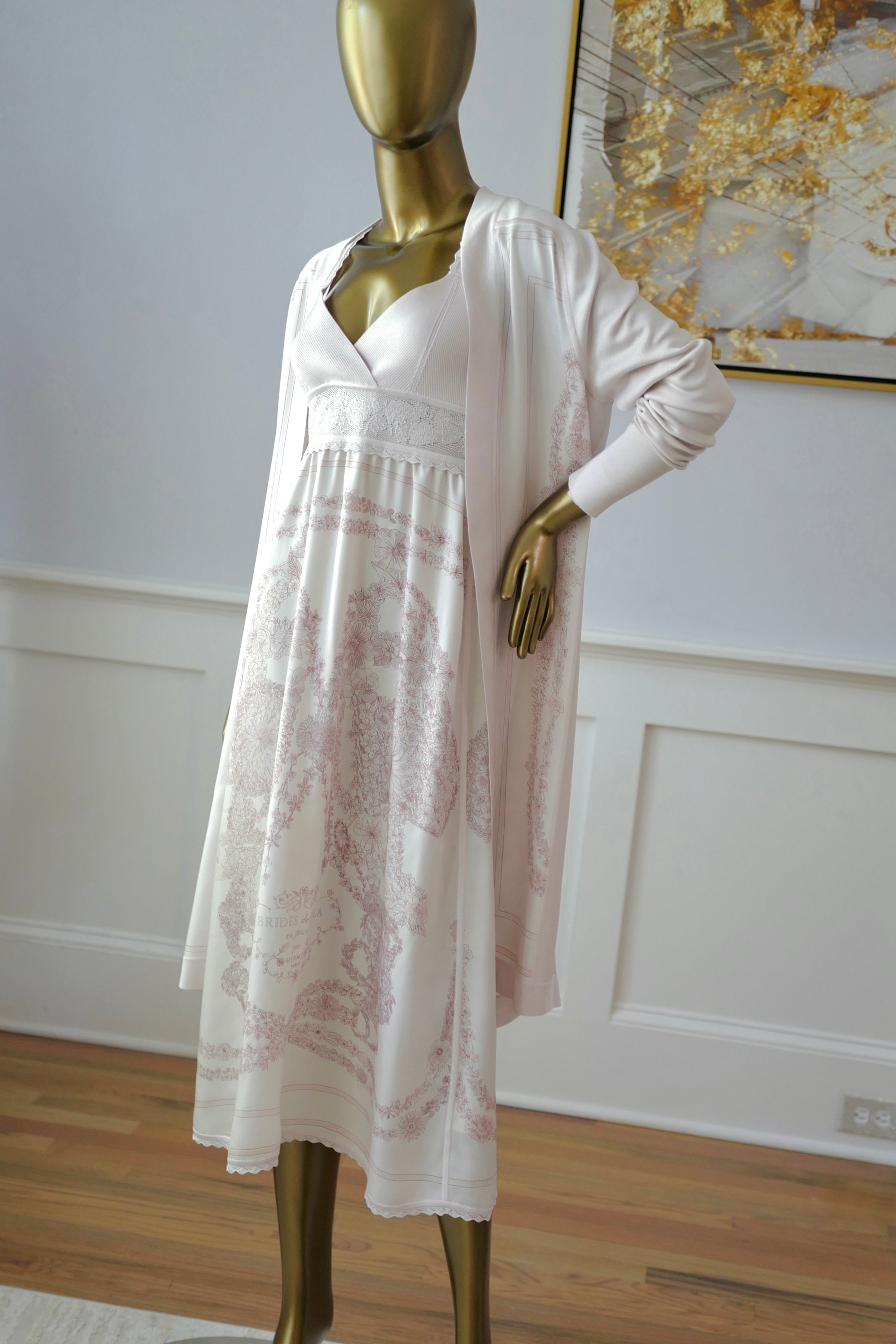 NEW Hermès "Brides de Gala en Fleurs" long-sleeve twillaine– Rose Pâle Pink- Size 34 $5K Retail