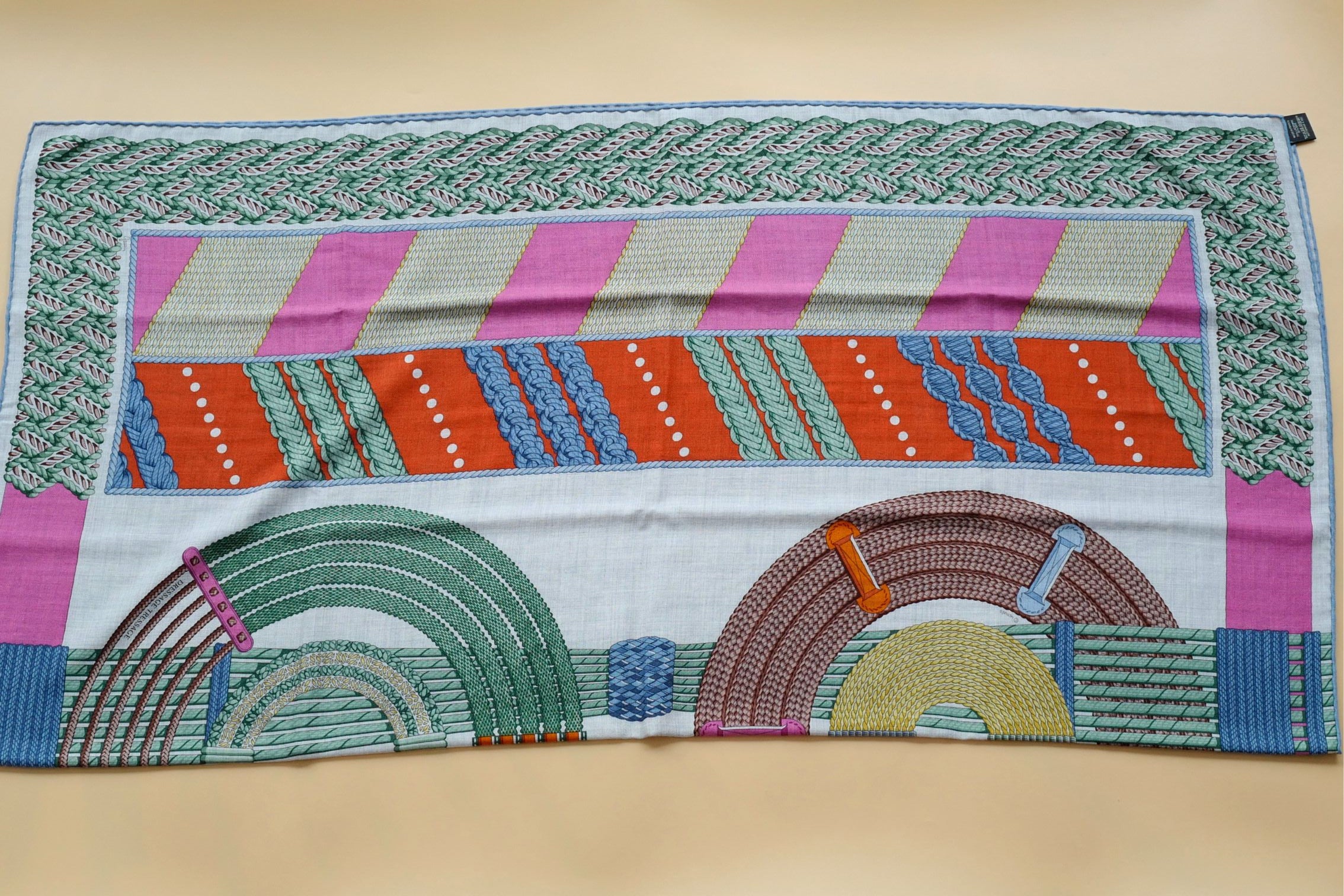 Hermès Dressage Tressage Shawl 140 Bleu Ciel/Rose Rouge Cashmere Silk