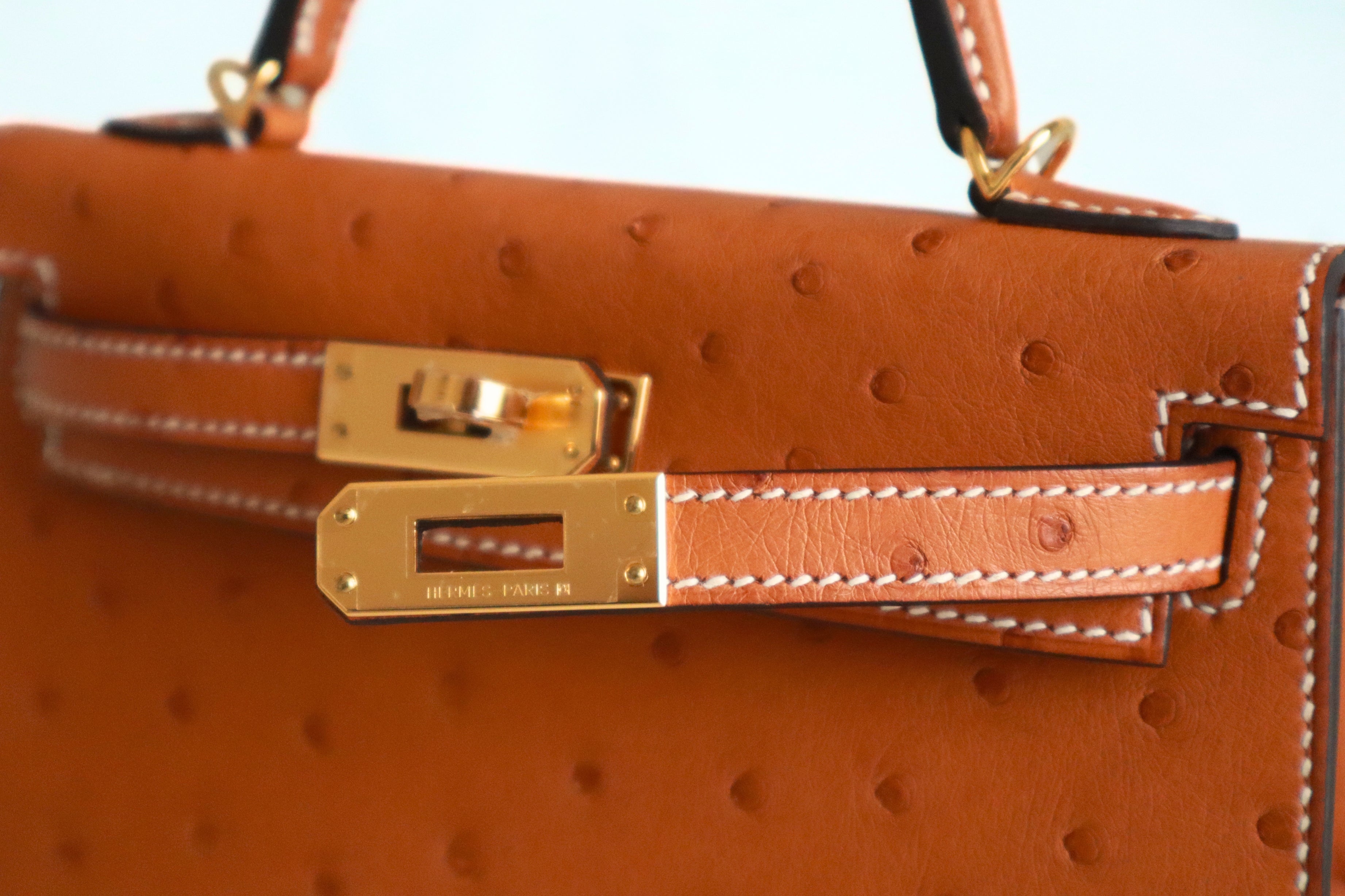 BNIB Hermes Mini Kelly HSS Cognac Ostrich with Craie Stitching GHW G Stamp 2026