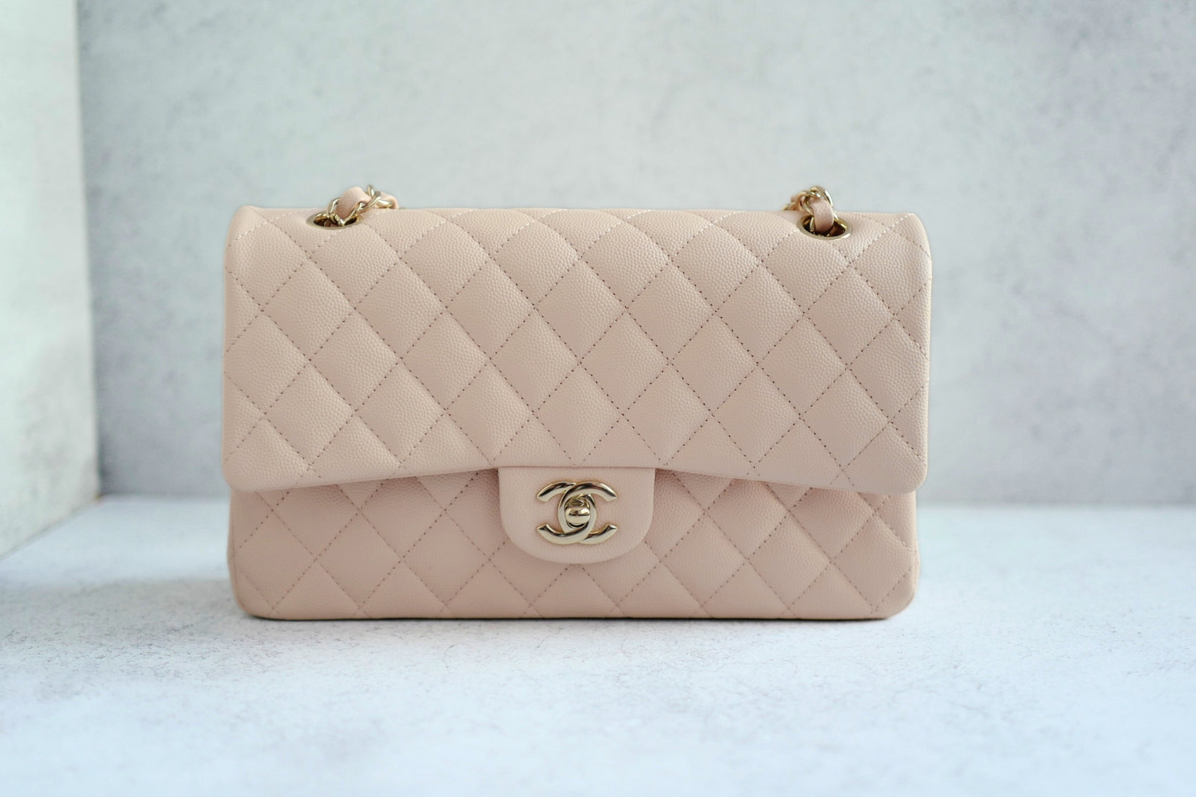 BNIB Chanel Medium Classic Double Flap Bag Beige Clair Grained Gold Hardware