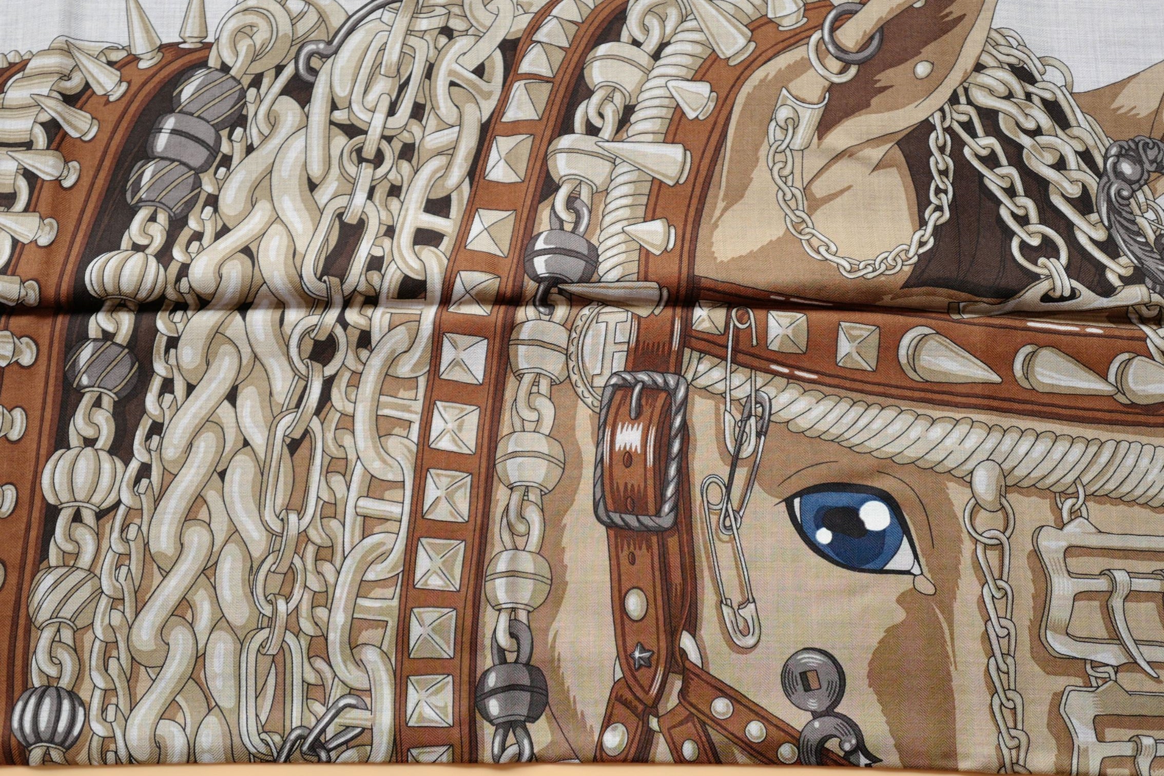 NEW Hermès Cheval Heavy Metal Scarf 100 Cashmere Silk Gris Clair / Kraft / Caramel
