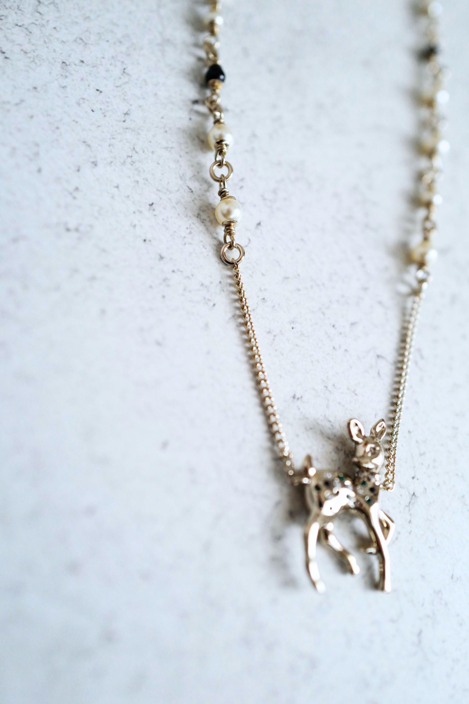 Chanel CC Deer Long Pendant Necklace Gold and Faux Pearl