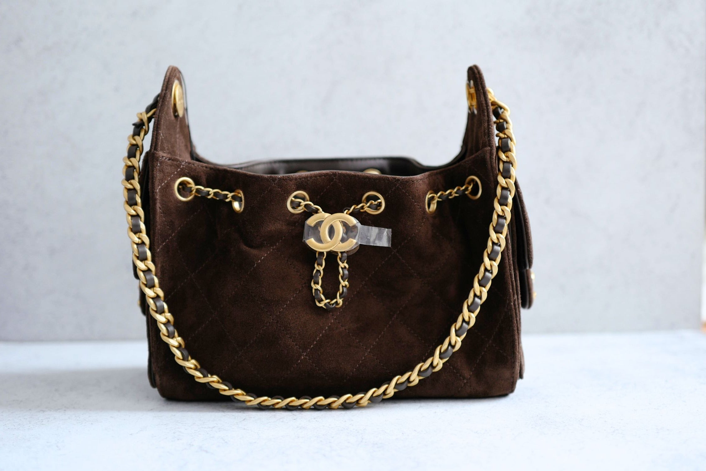 Chanel 26C Mini Hobo Shoulder Bag Dark Brown Suede Calfskin Gold Hardware