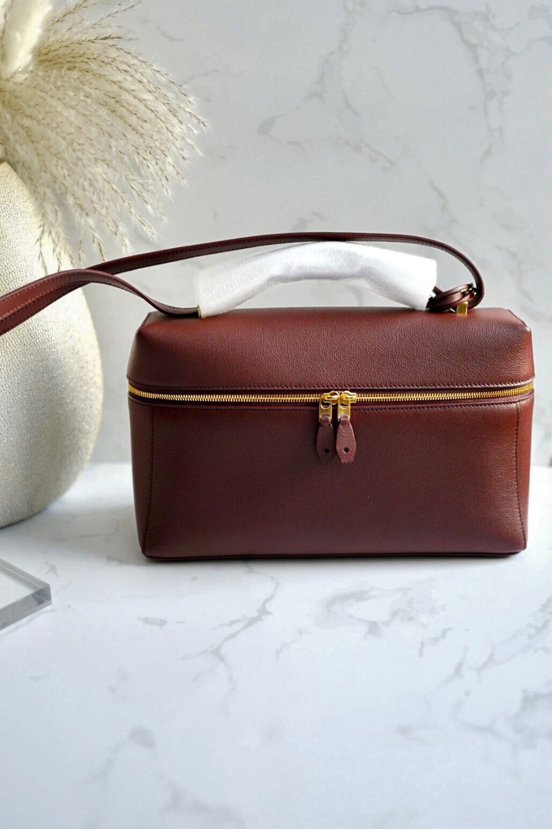 BNIB Loro Piana Extra Bag L27 Smoked Caramel In Grained Calfskin with Gold HW