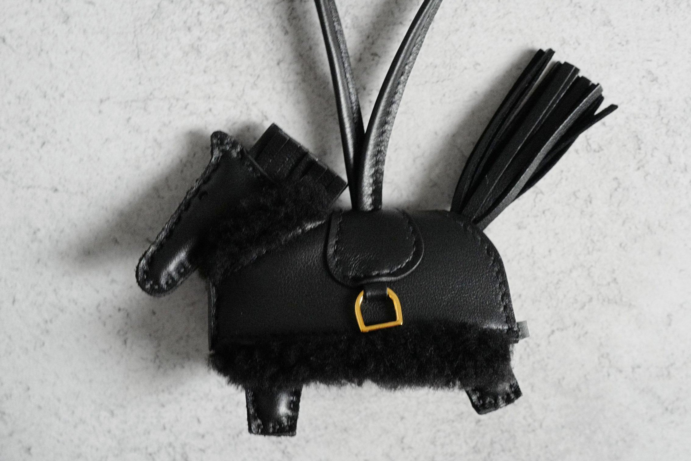 Hermès Horse Charm Rodeo Robeo Plush PM Noir Lambskin Wool Yellow Gold Plated