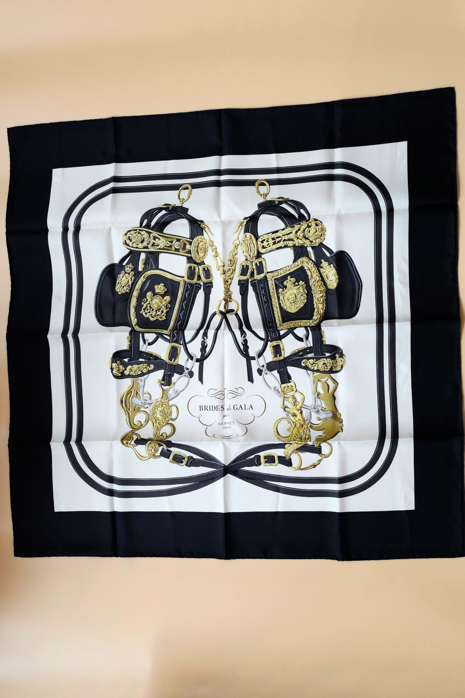 Hermès Scarf Brides de Gala Forever Noir / Crème / Gold 100% Silk 90