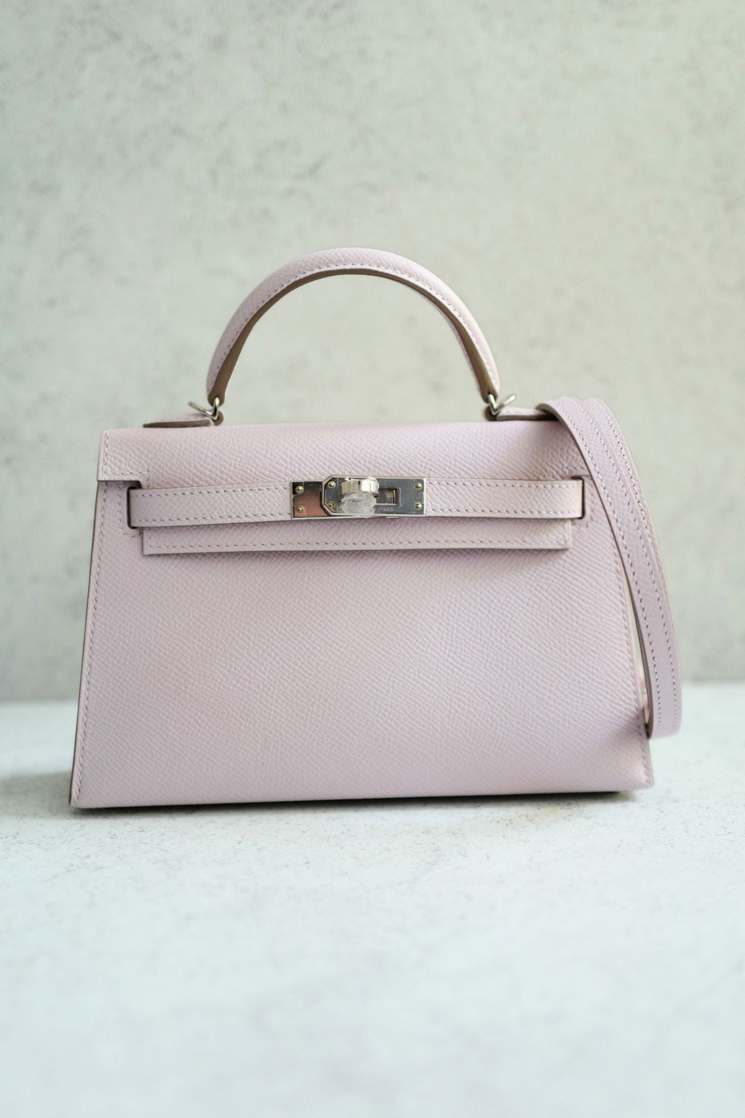Hermès Mini Kelly Mauve Pale Epsom Leather Palladium Hardware 2024 Stamp B