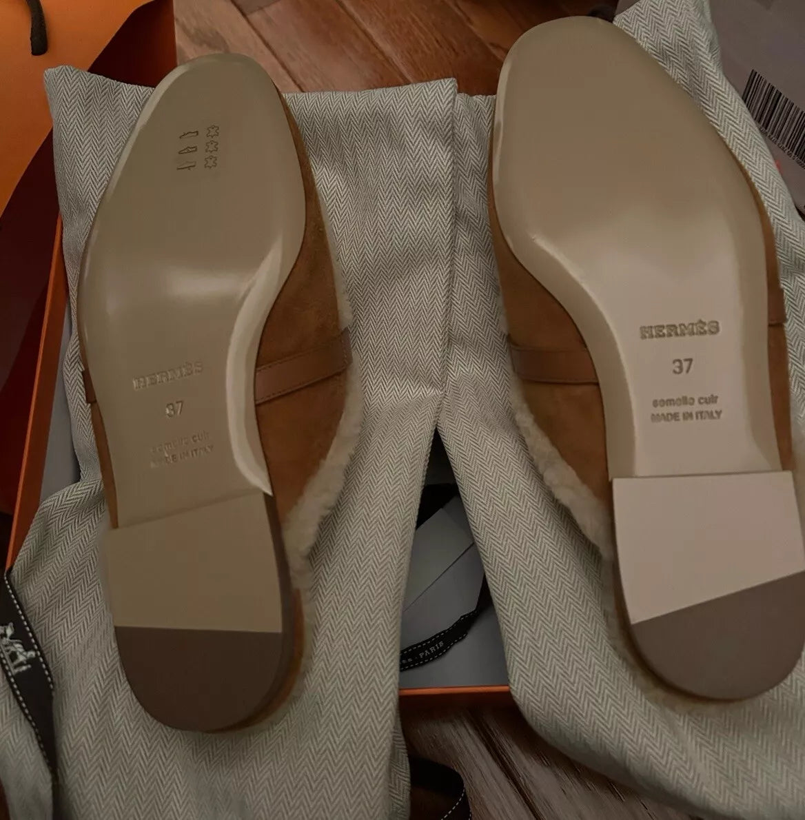 Hermes Oz Mule Shearling Naturel Suede/calfskin Palladium Hardware Size 37