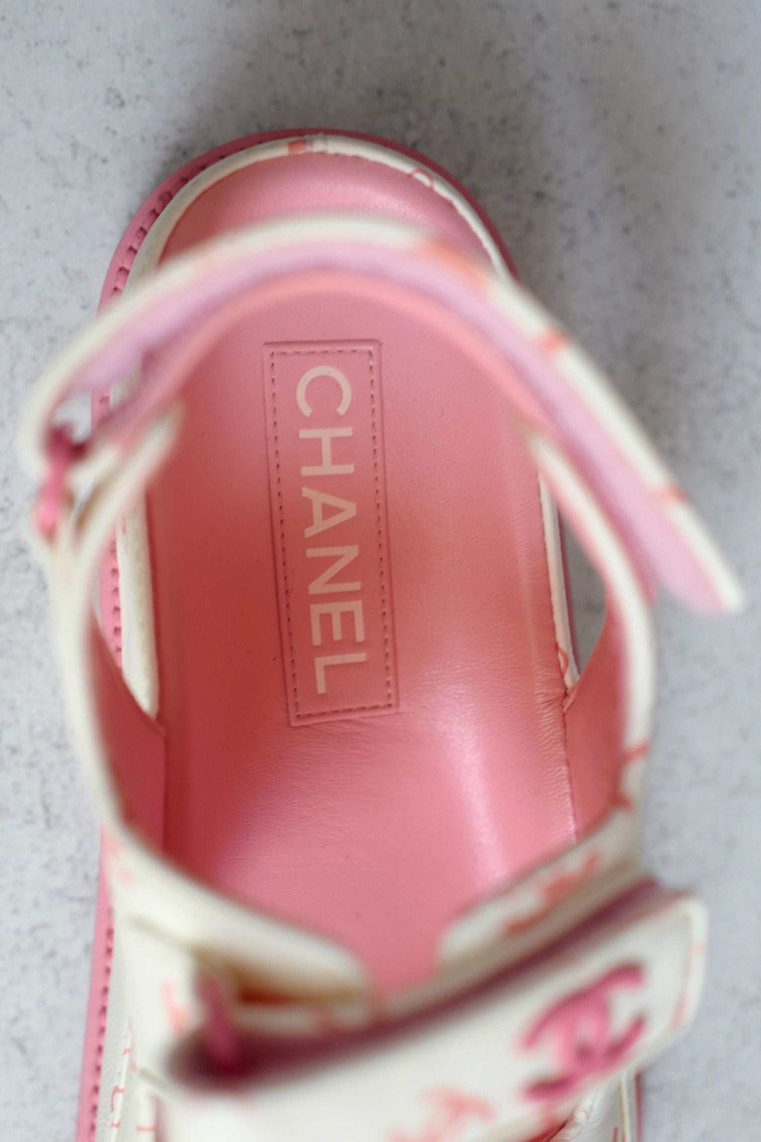 BNIB Chanel Dad Sandal 23A Monogram CC Logo In White/Pink Pink CC Logo Socks