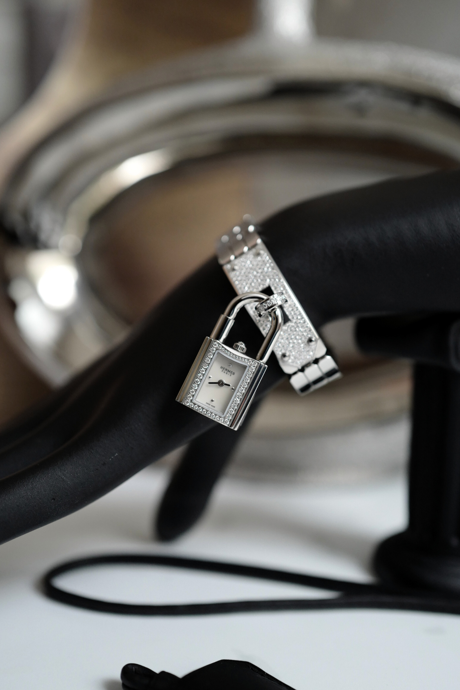 BNIB Hermes Kelly Watch Mini Model, 16 mm, Diamond Stainless Steel Bracelet