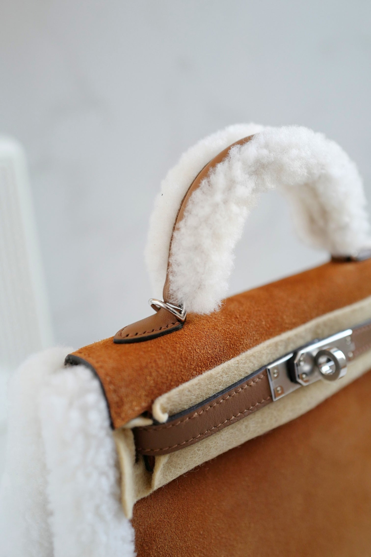 BNIB Hermès Mini Kelly Teddy Gold/Ecru/Alezan Shearling Suede Palladium Hardware