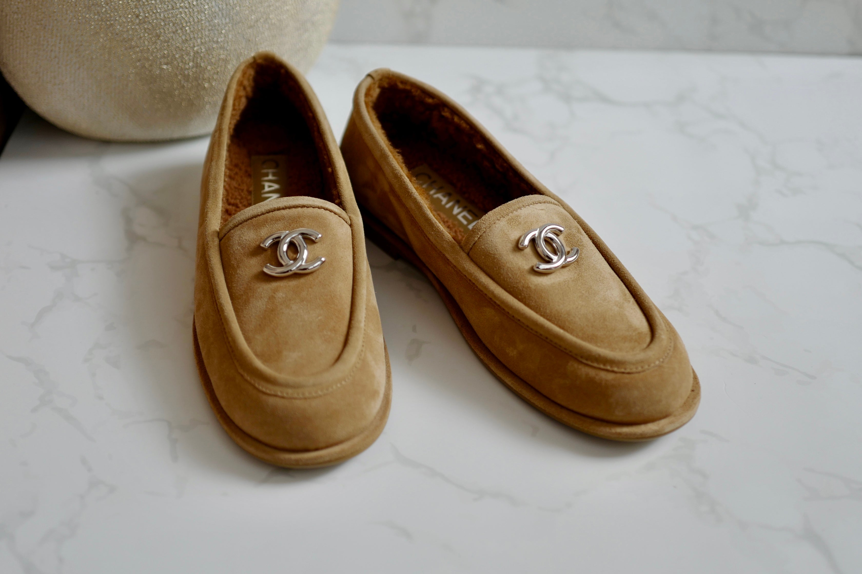 CHANEL 24K Shearling Lined Suede Calfskin CC Loafers Moccasins Shoes Size 38