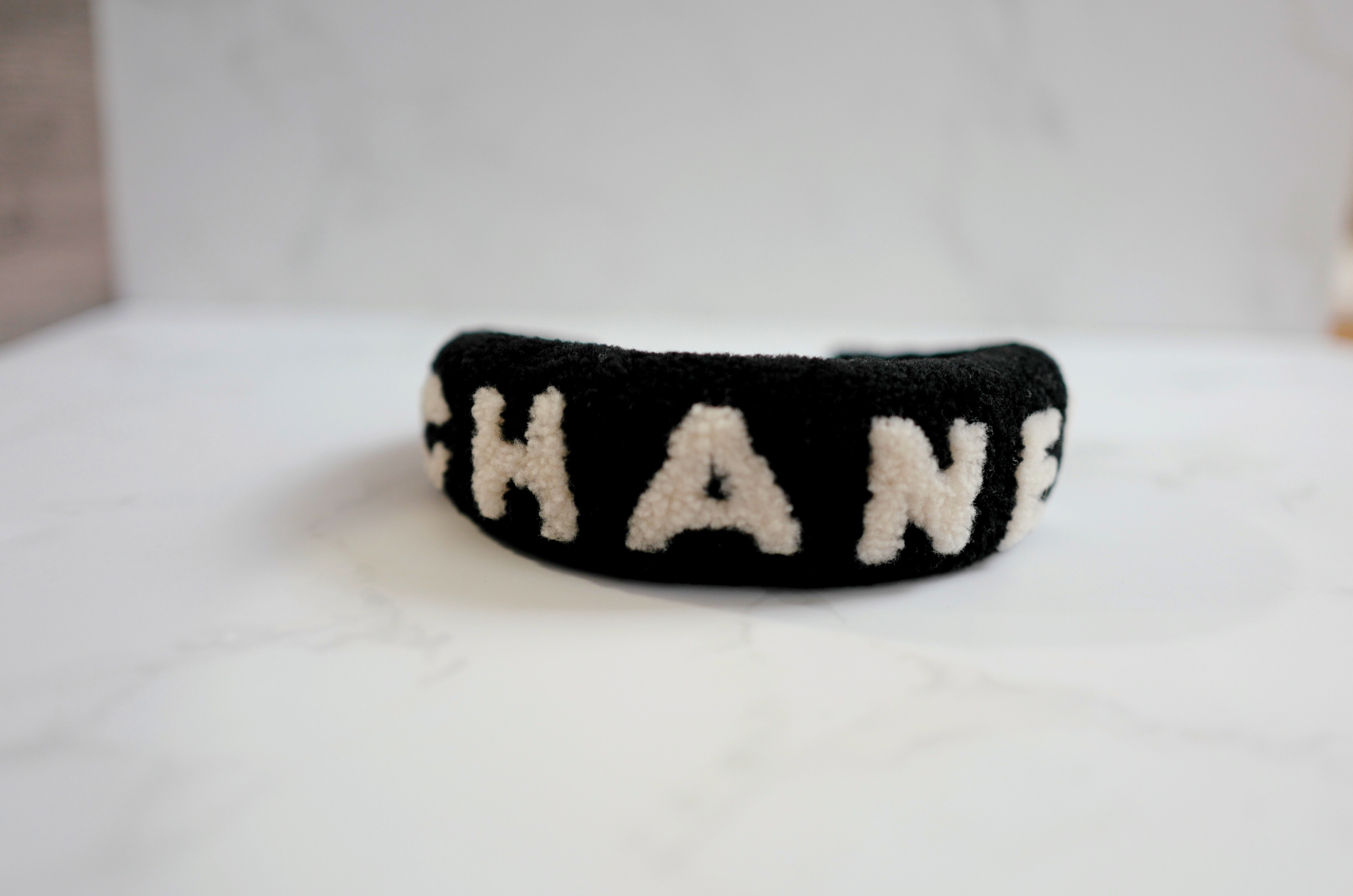 NEW Chanel Headband Shearling Black Ecru Logo Hair Accessories