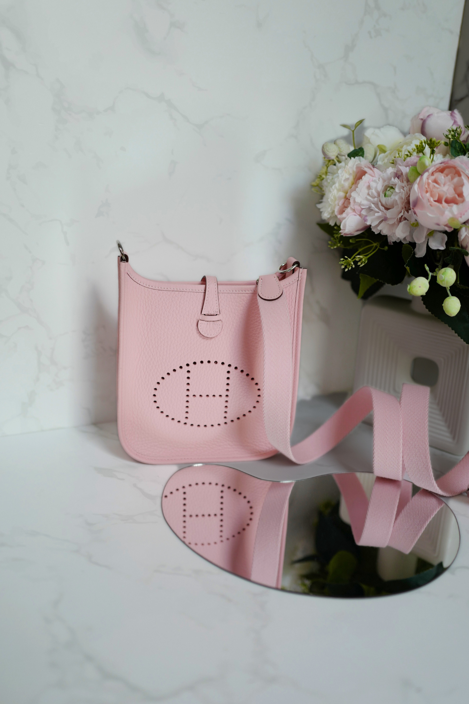 BNIB Hermès Mini Evelyne Bag Rose Sakura Clemence Leather Palladium Hardware