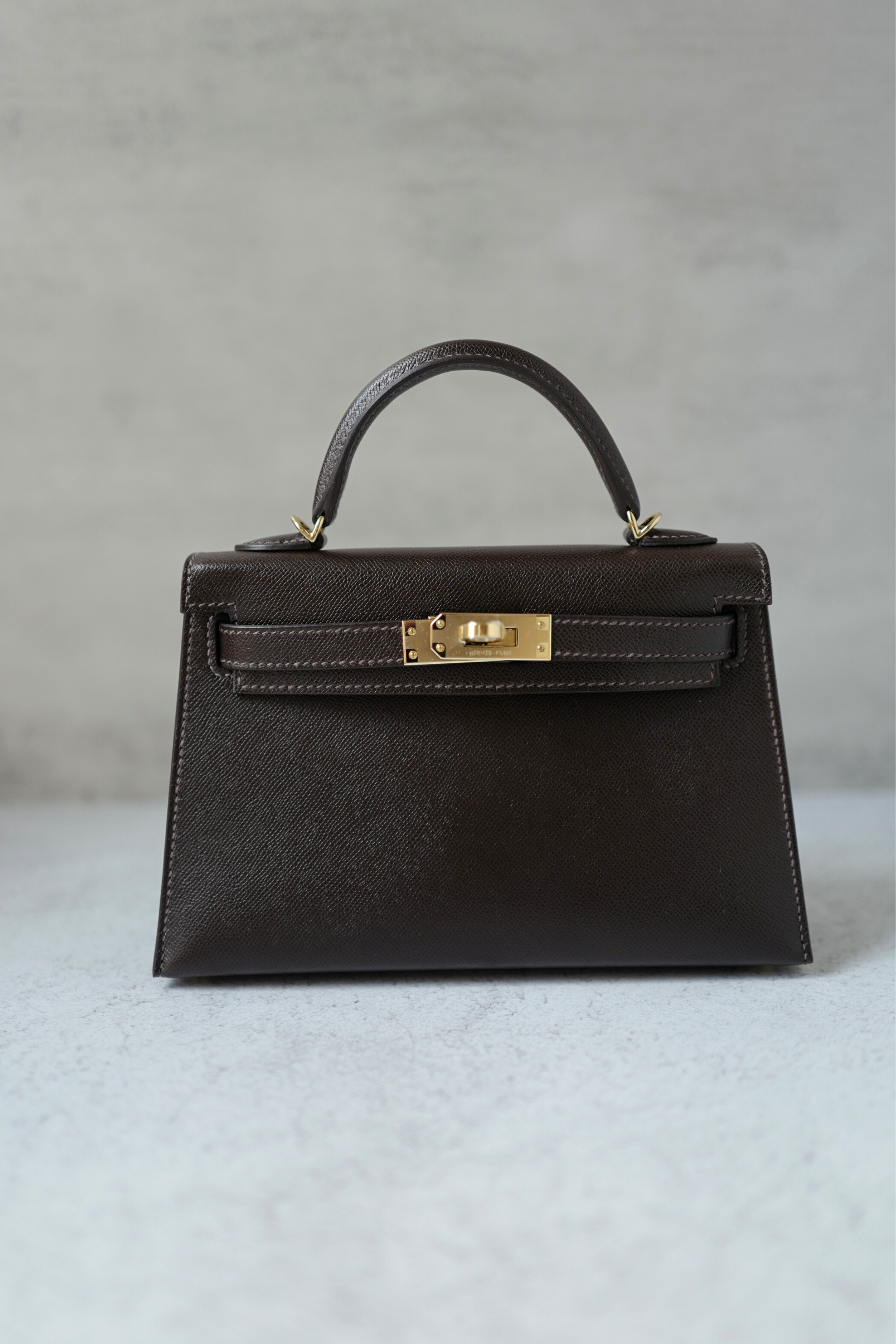 Hermès Mini Kelly 20 Bag in Bai Brun Veau Madame Leather with Permabrass Hardware K Stamp