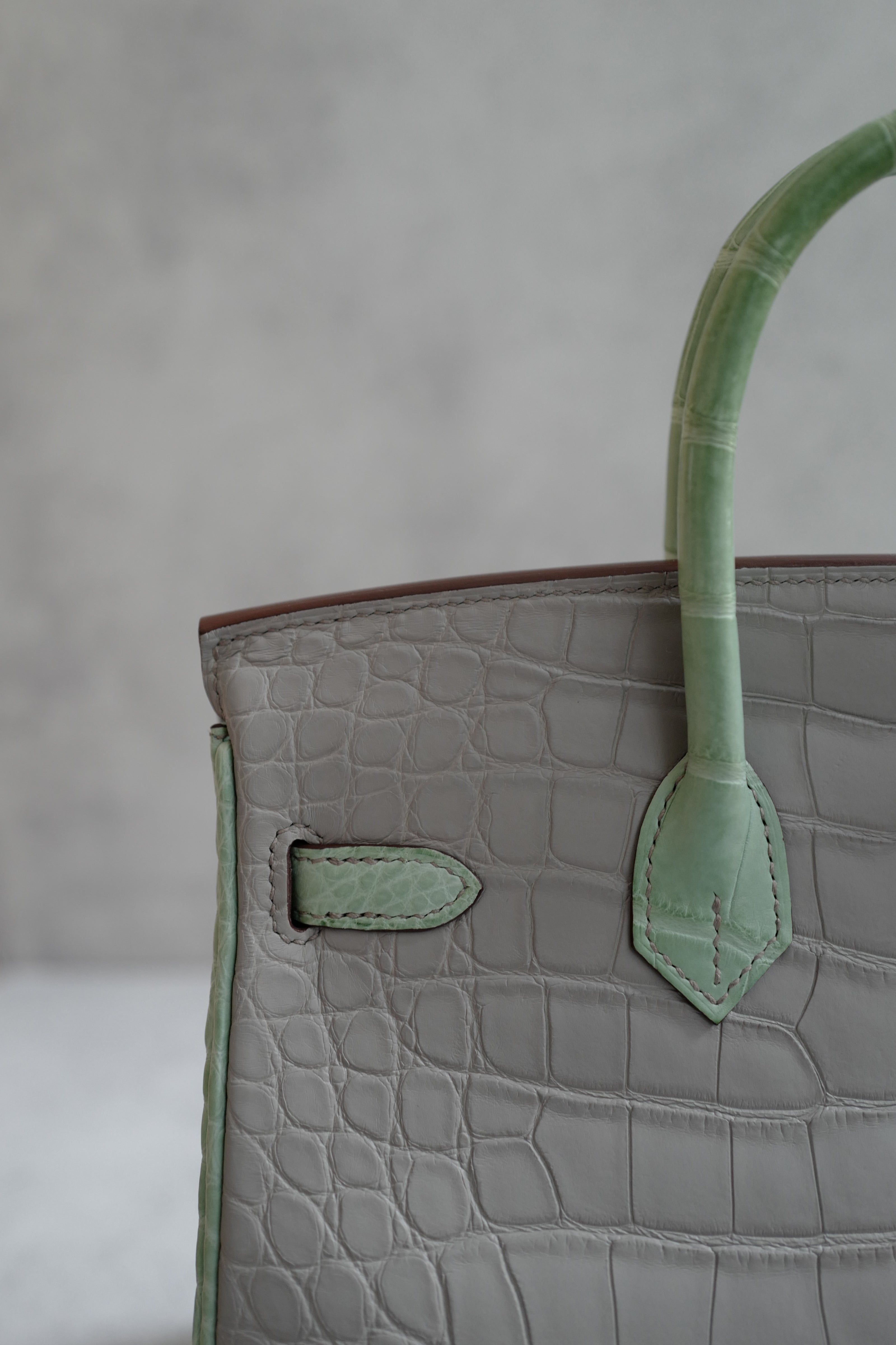 BNIB Hermes Birkin 25 HSS Gris Perle/Vert D’eau Matte Crocodile Brushed Palladium HW