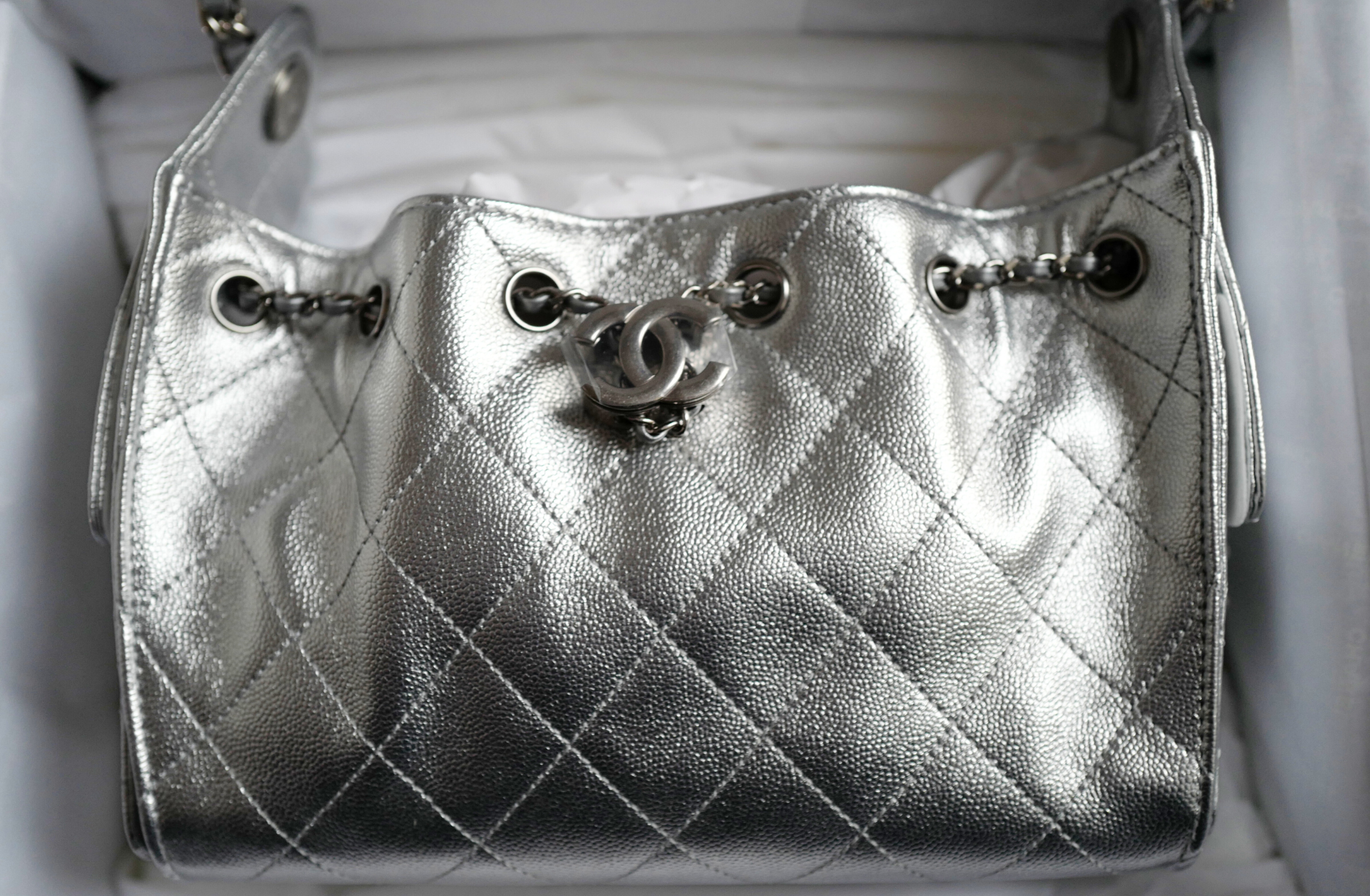 BNIB Chanel 26C Mini Hobo Metallic Silver Grained Calfskin Shoulder Bag
